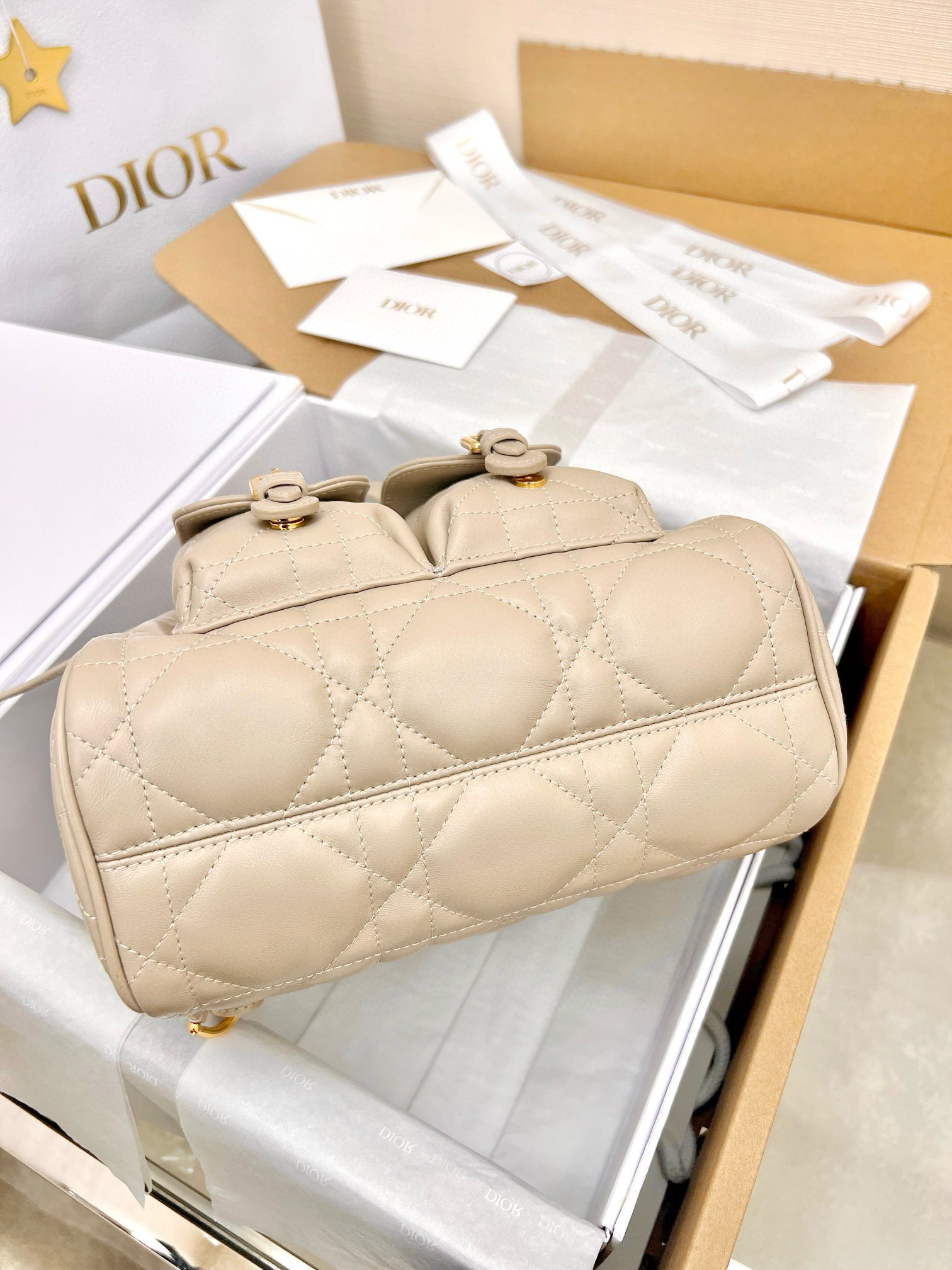 DIOR Medium Dior Caro Backpack Powder Beige Macrocannage Lambskin