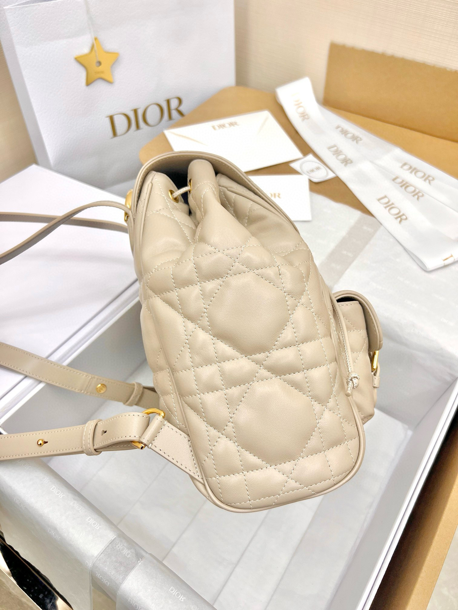 DIOR Medium Dior Caro Backpack Powder Beige Macrocannage Lambskin