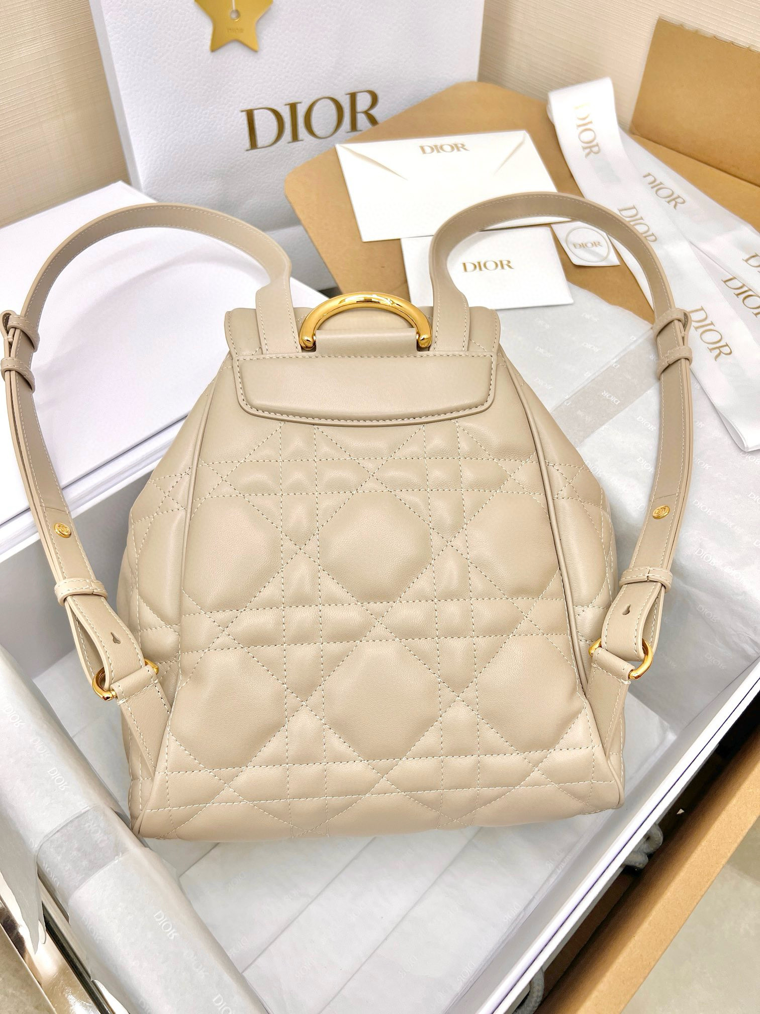 DIOR Medium Dior Caro Backpack Powder Beige Macrocannage Lambskin