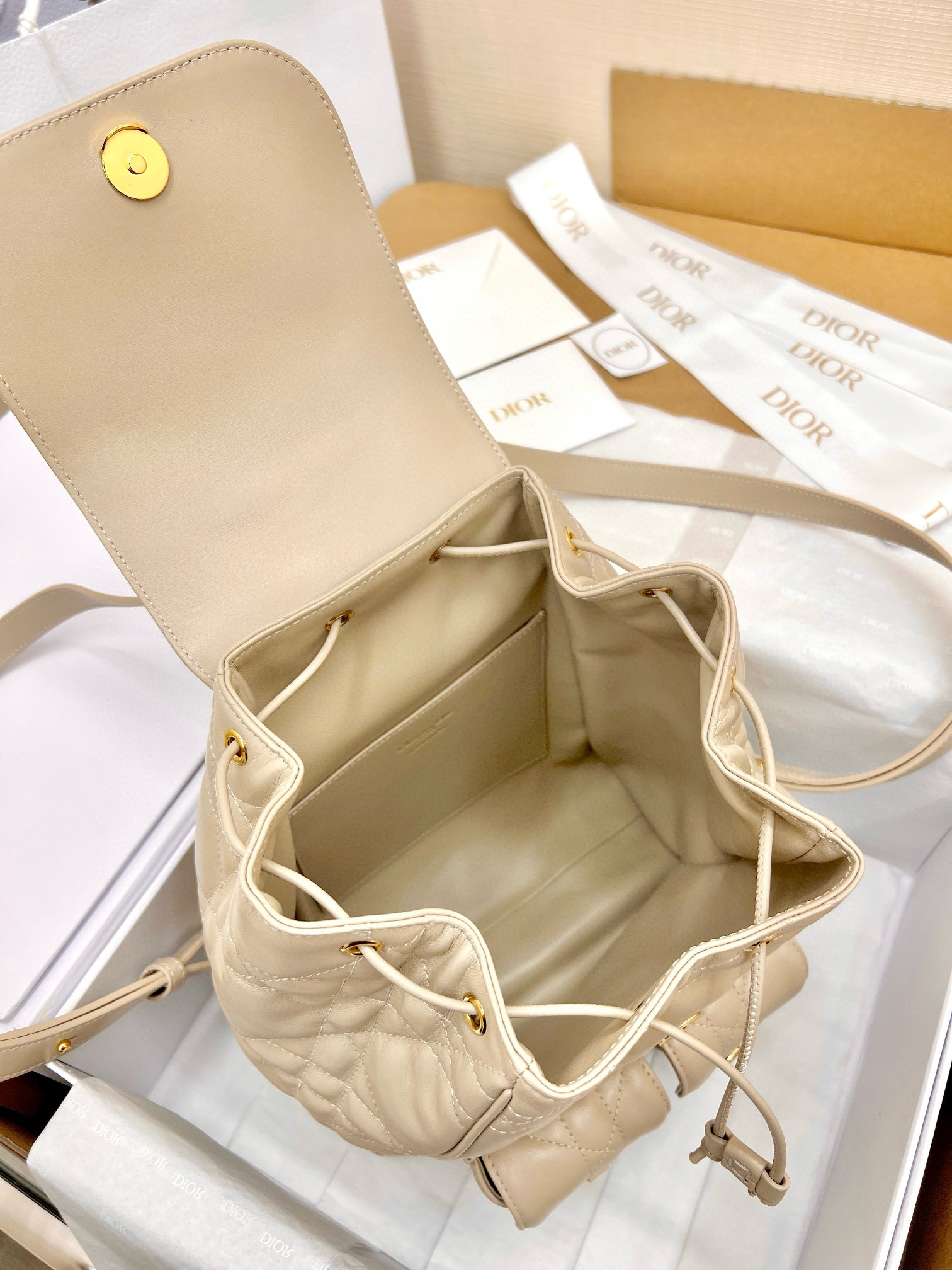 DIOR Medium Dior Caro Backpack Powder Beige Macrocannage Lambskin