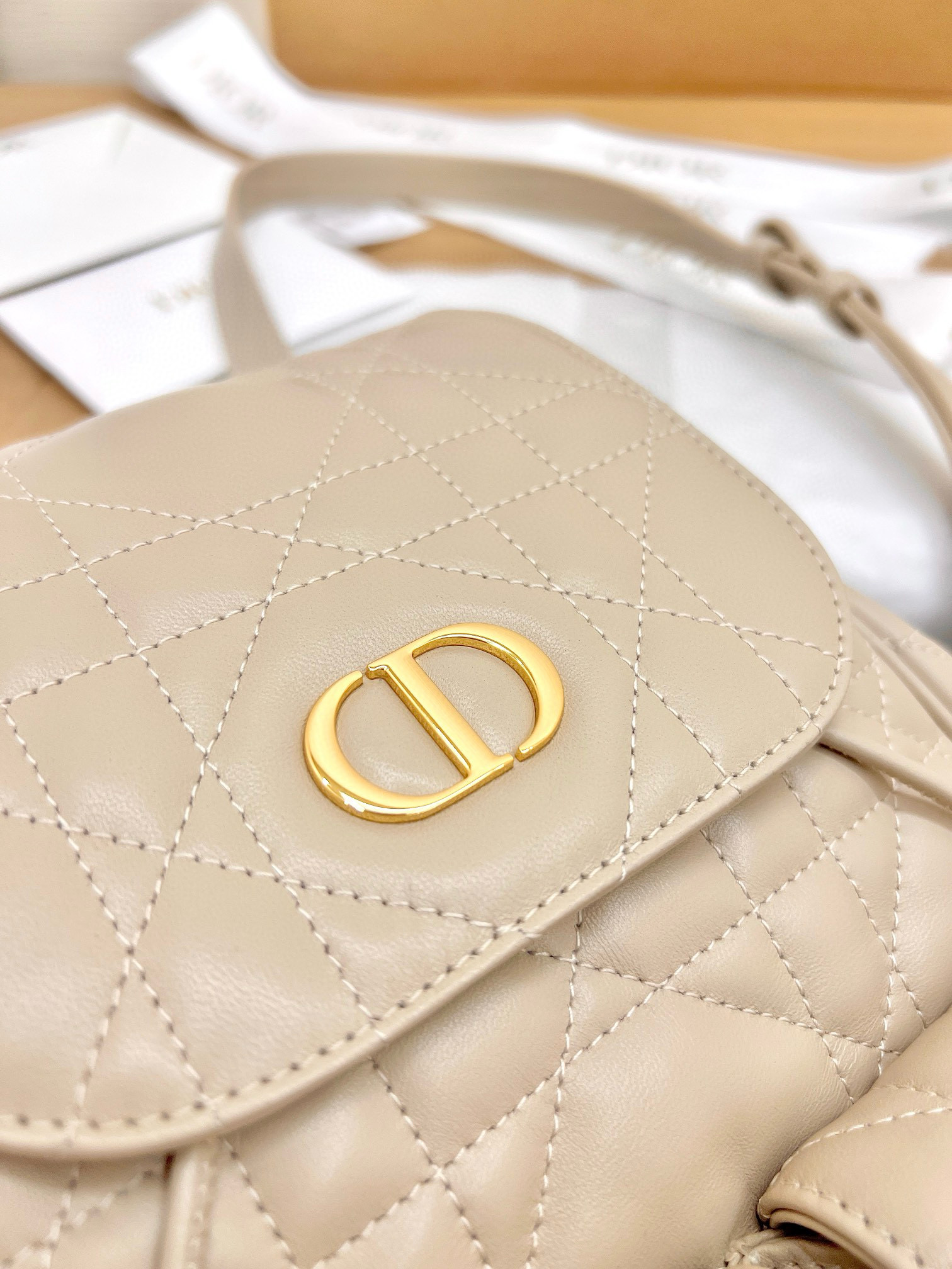 DIOR Medium Dior Caro Backpack Powder Beige Macrocannage Lambskin