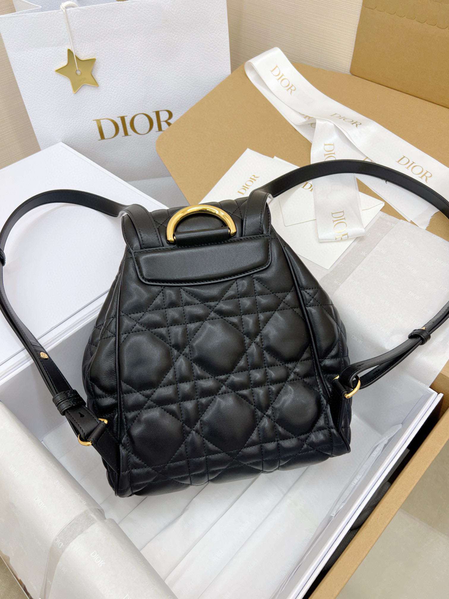 DIOR Small Dior Caro Backpack Black Macrocannage Lambskin