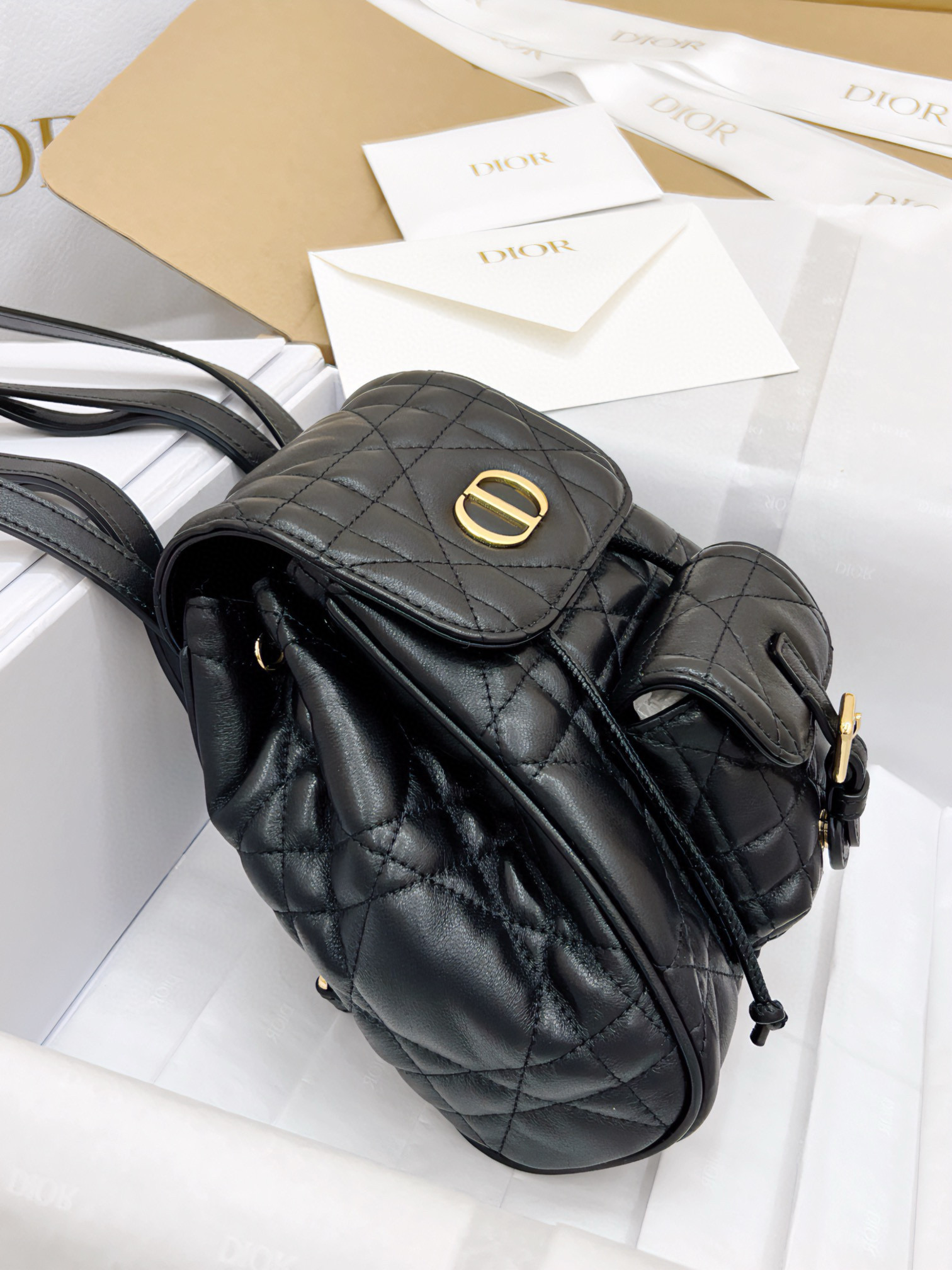 DIOR Small Dior Caro Backpack Black Macrocannage Lambskin