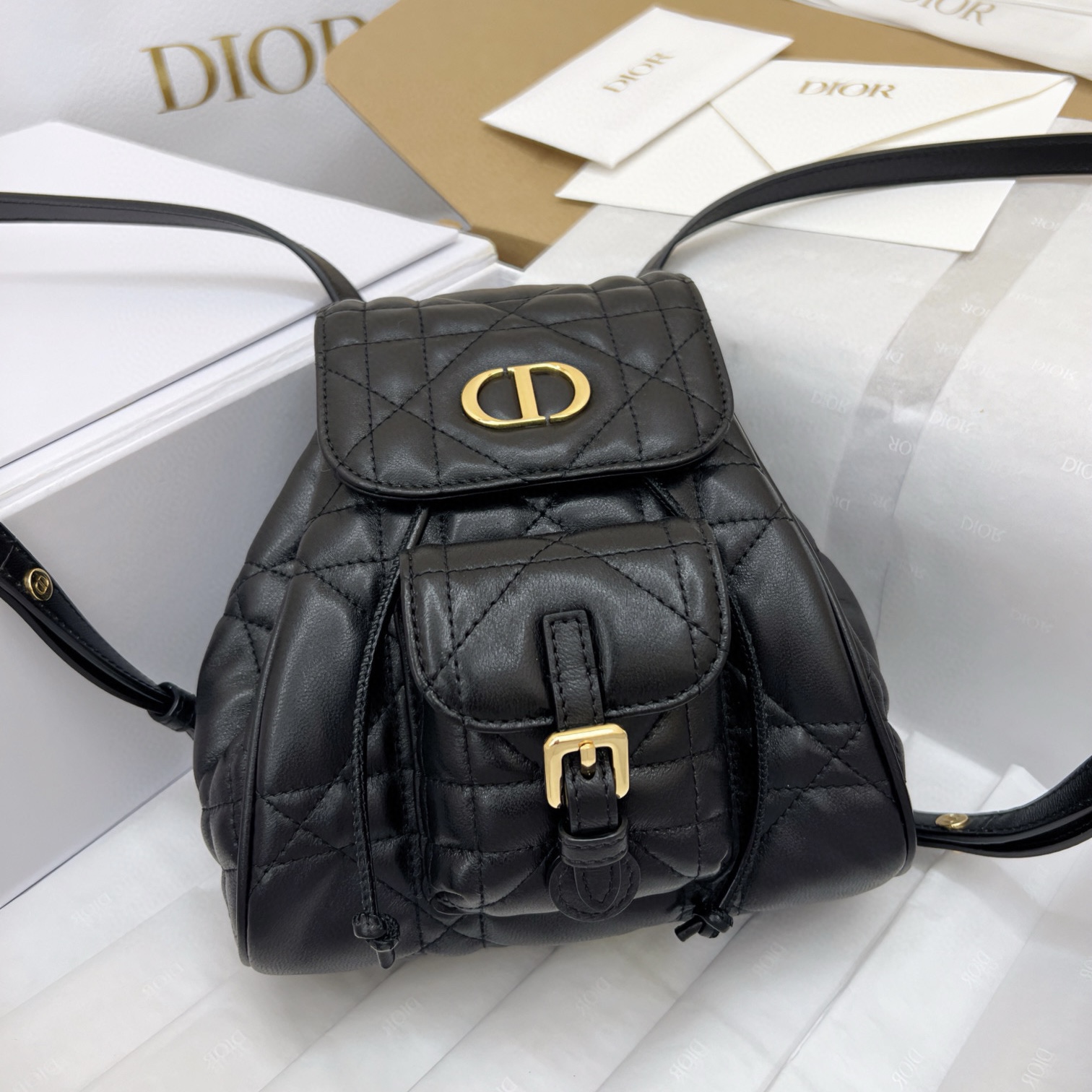 DIOR Small Dior Caro Backpack Black Macrocannage Lambskin