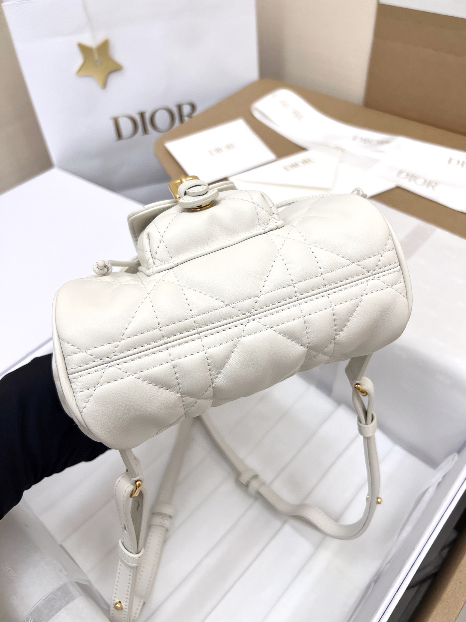 DIOR Small Dior Caro Backpack Latte Macrocannage Lambskin