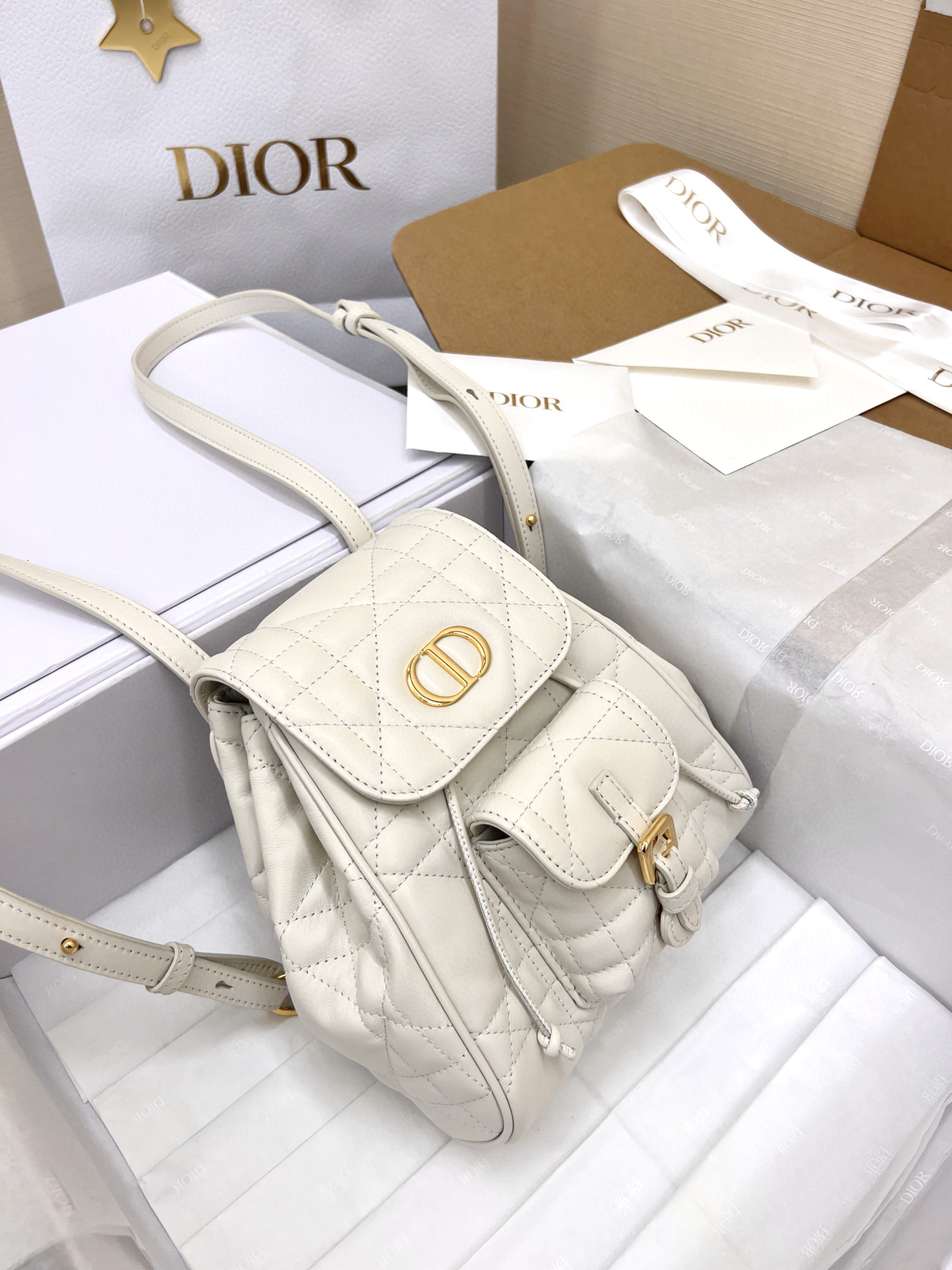 DIOR Small Dior Caro Backpack Latte Macrocannage Lambskin