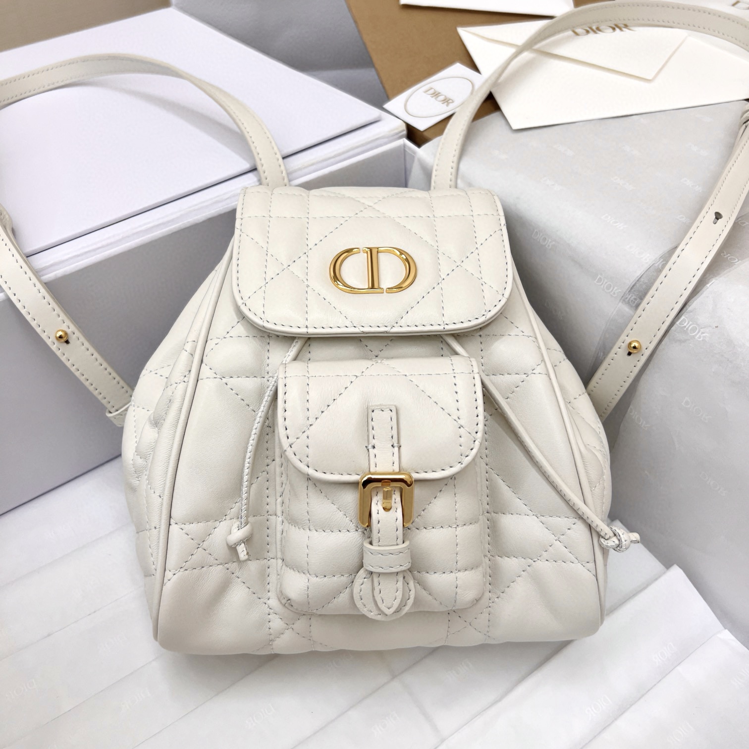 DIOR Small Dior Caro Backpack Latte Macrocannage Lambskin