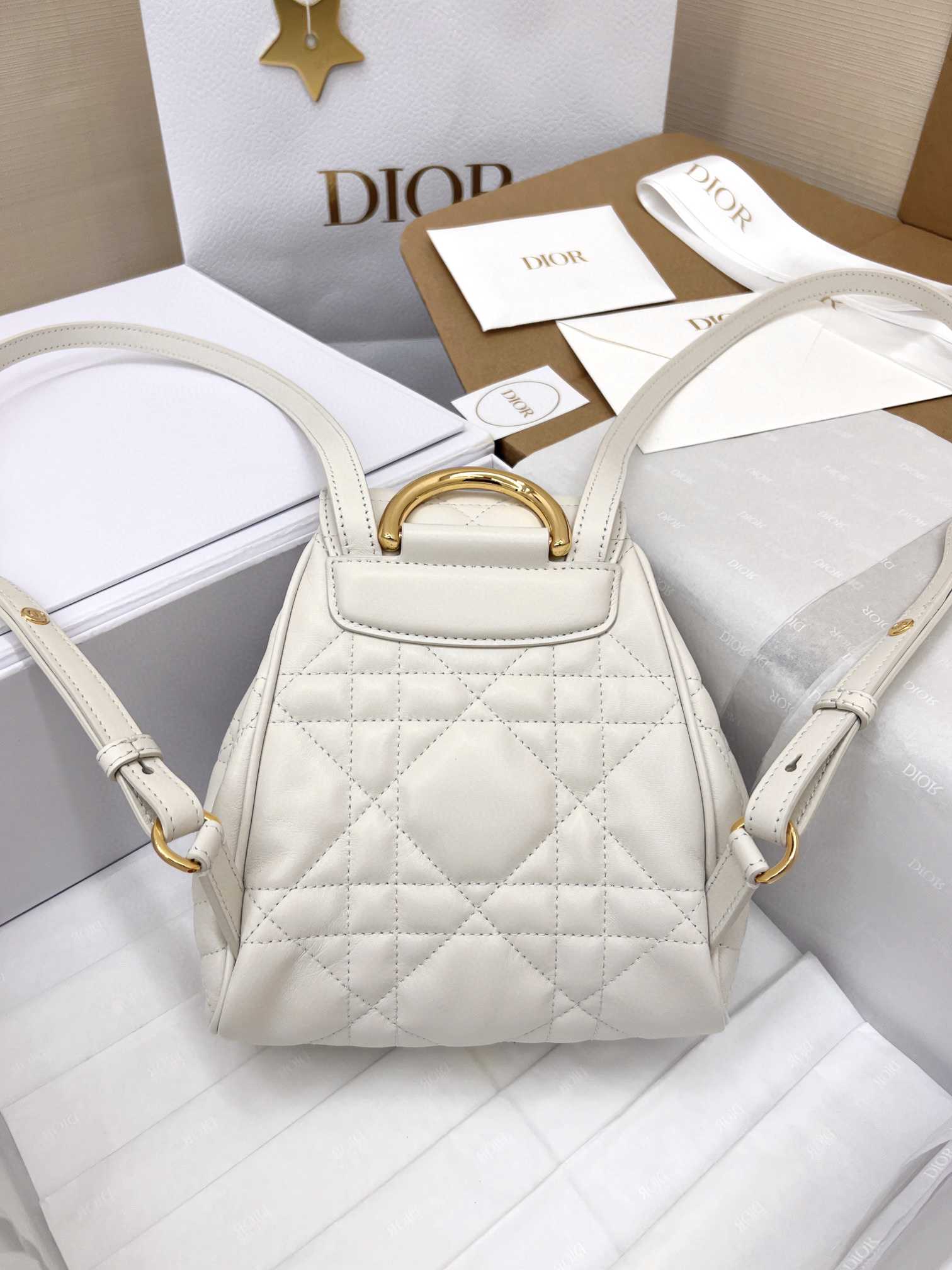 DIOR Small Dior Caro Backpack Latte Macrocannage Lambskin