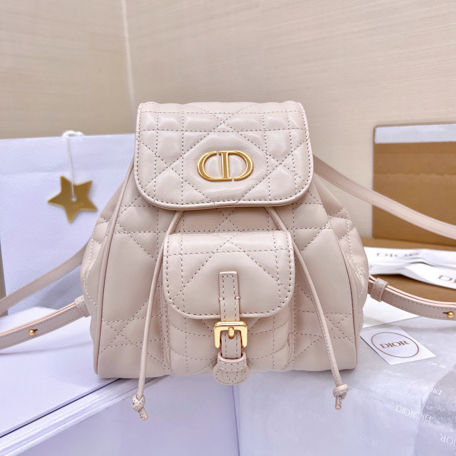 DIOR Small Dior Caro Backpack Powder Pink Macrocannage Lambskin