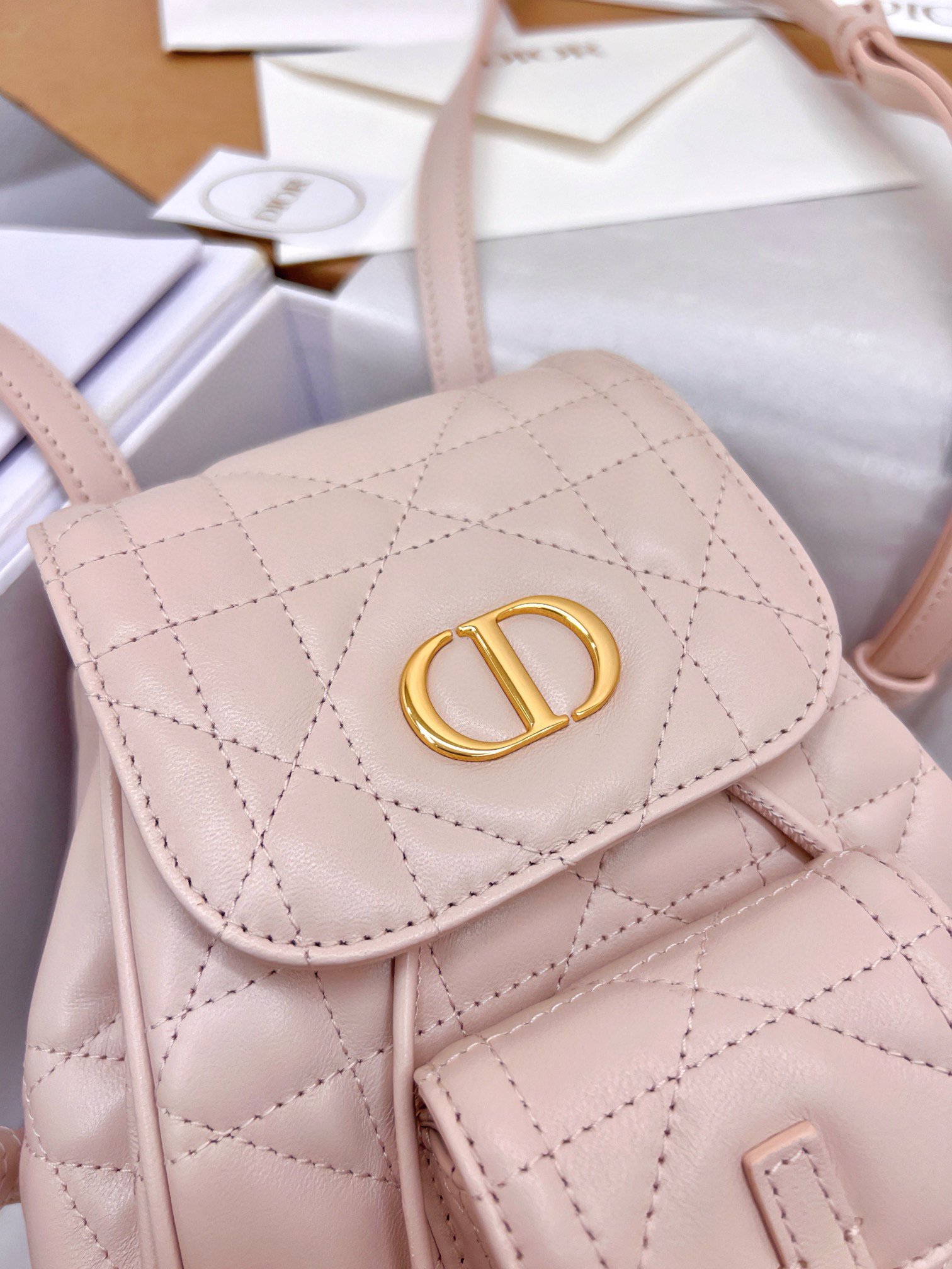 DIOR Small Dior Caro Backpack Powder Pink Macrocannage Lambskin