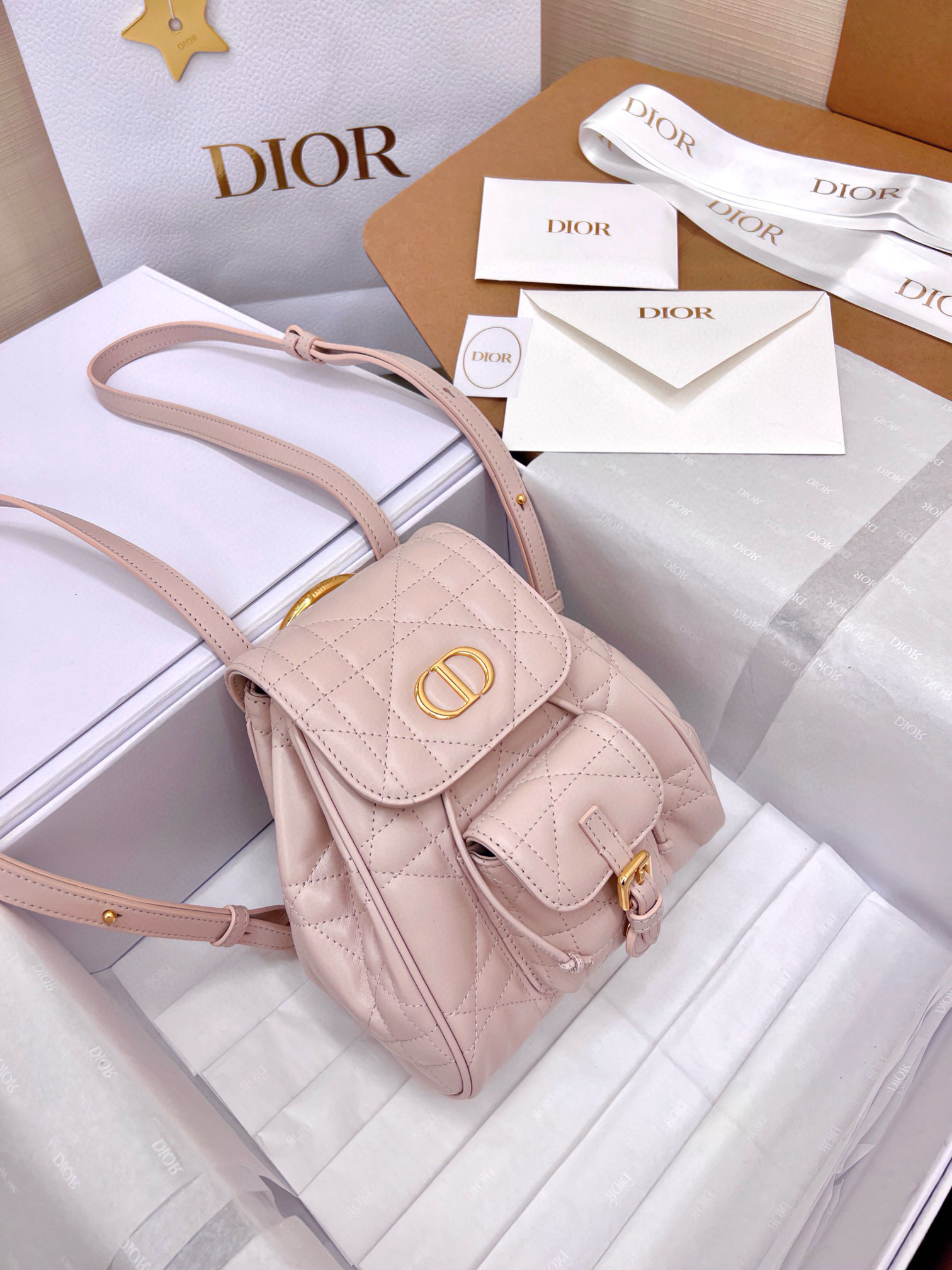 DIOR Small Dior Caro Backpack Powder Pink Macrocannage Lambskin