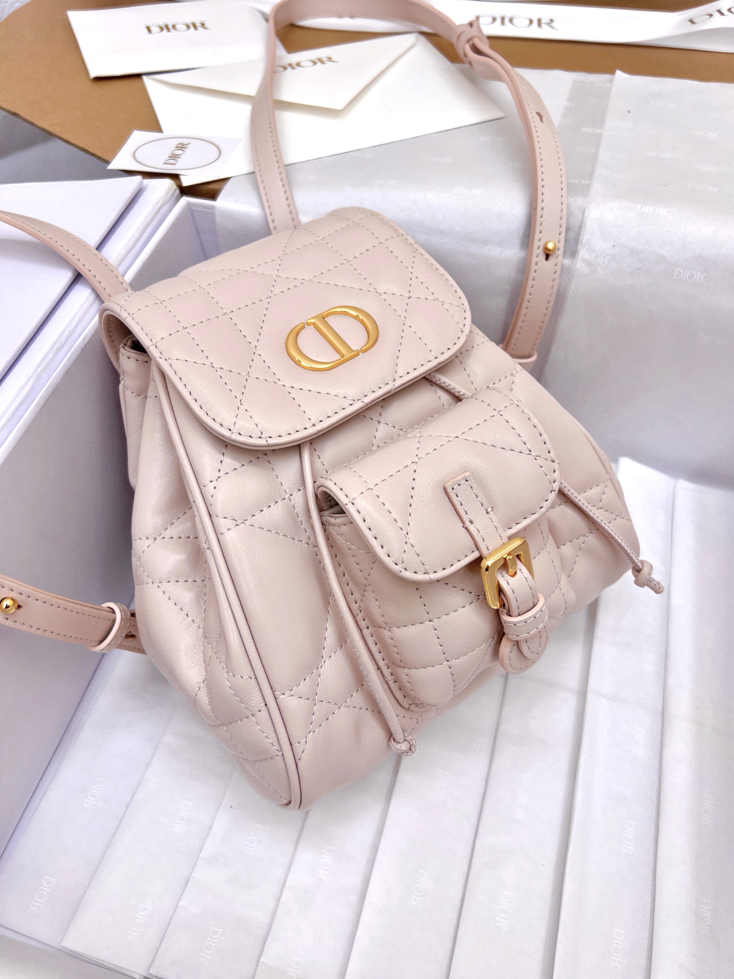 DIOR Small Dior Caro Backpack Powder Pink Macrocannage Lambskin