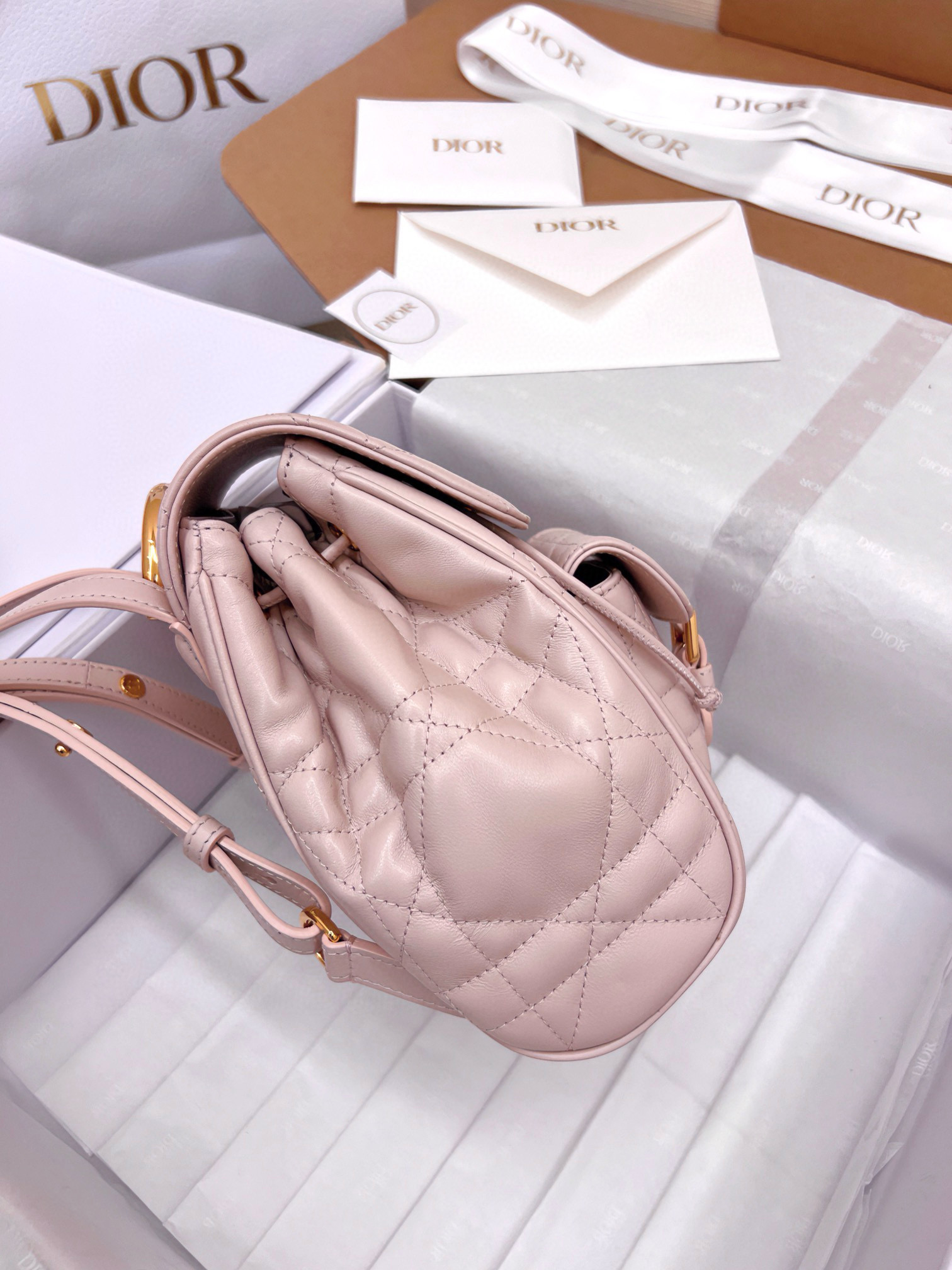 DIOR Small Dior Caro Backpack Powder Pink Macrocannage Lambskin