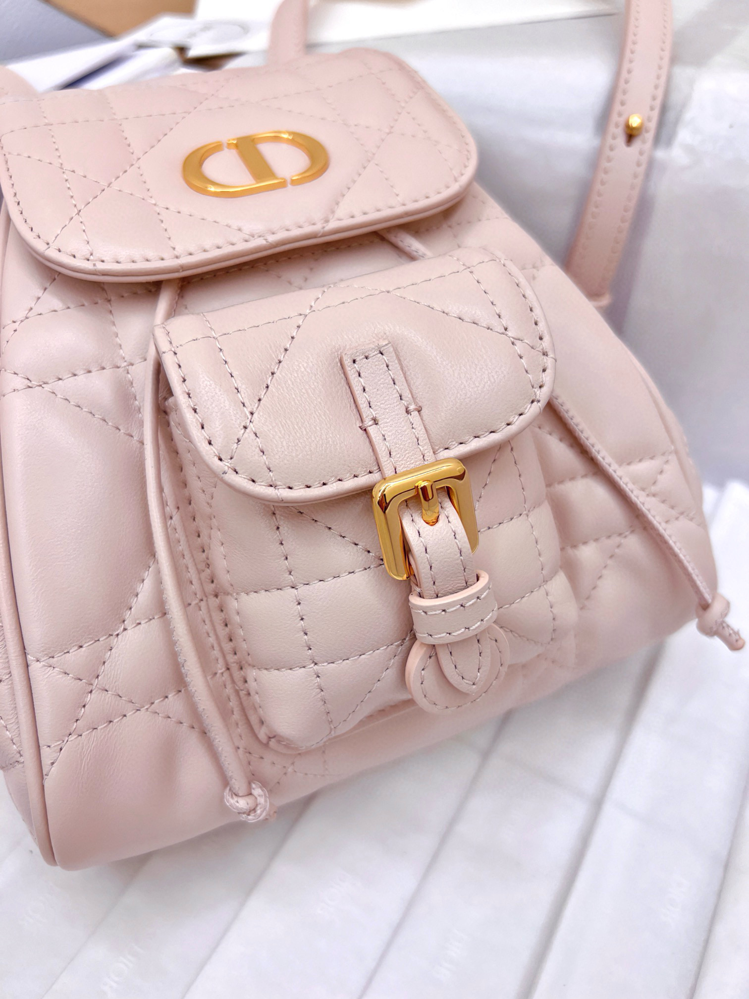 DIOR Small Dior Caro Backpack Powder Pink Macrocannage Lambskin