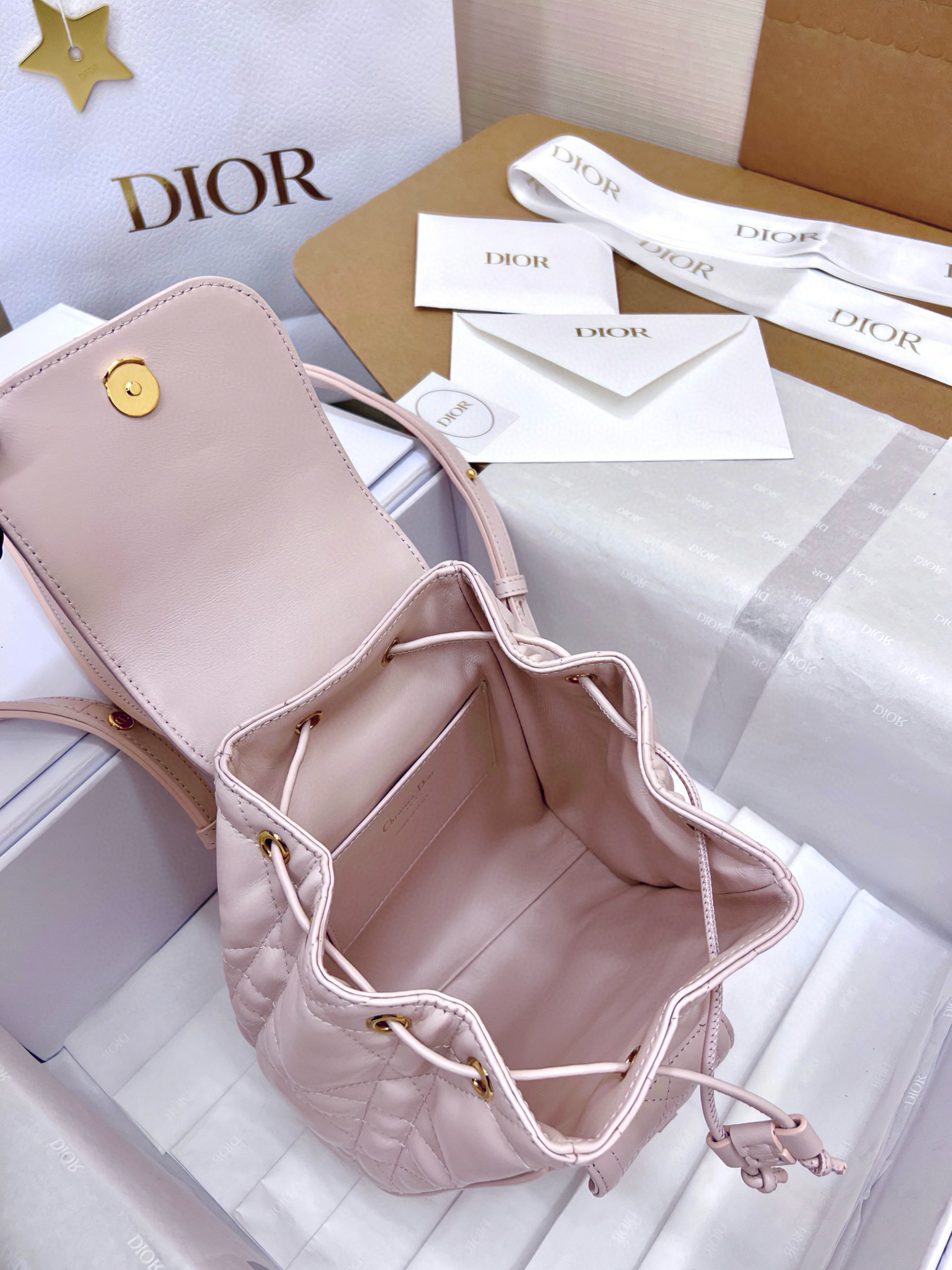 DIOR Small Dior Caro Backpack Powder Pink Macrocannage Lambskin