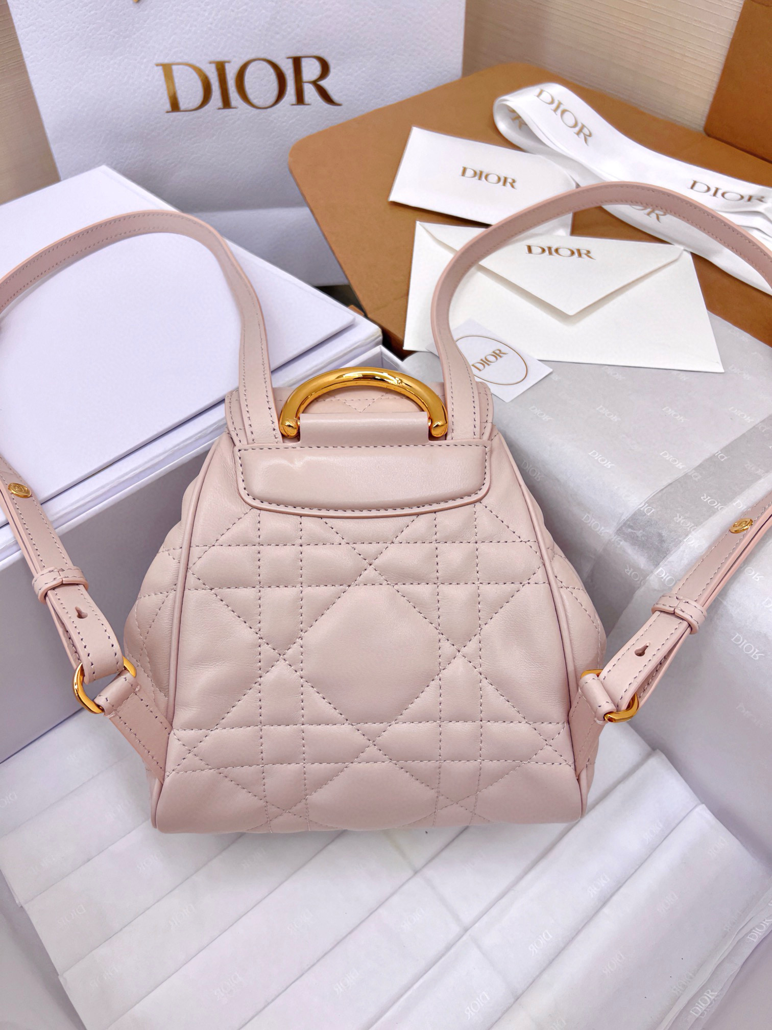 DIOR Small Dior Caro Backpack Powder Pink Macrocannage Lambskin