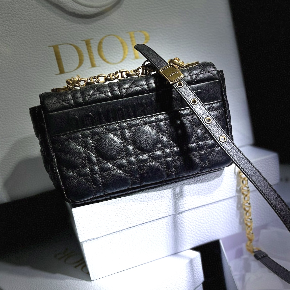 DIOR Small Dior Caro Bag Black Supple Cannage Calfskin