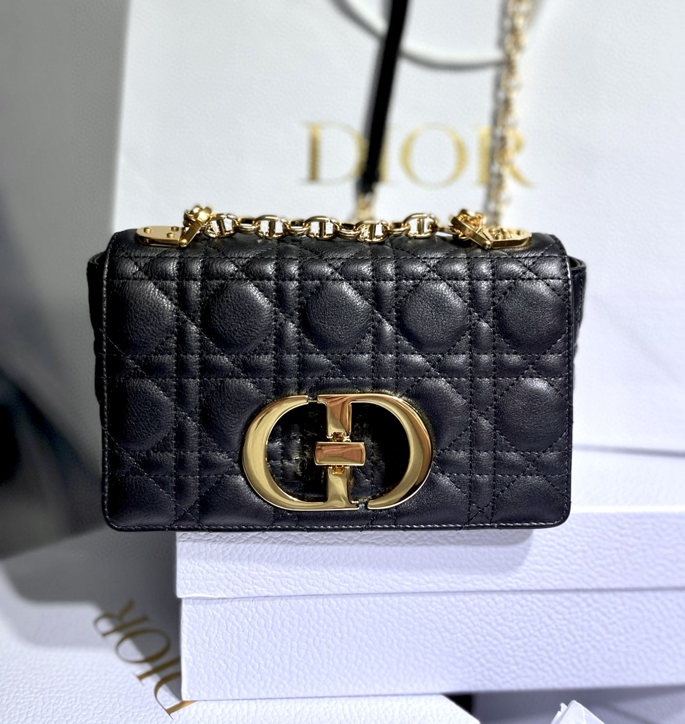 DIOR Small Dior Caro Bag Black Supple Cannage Calfskin