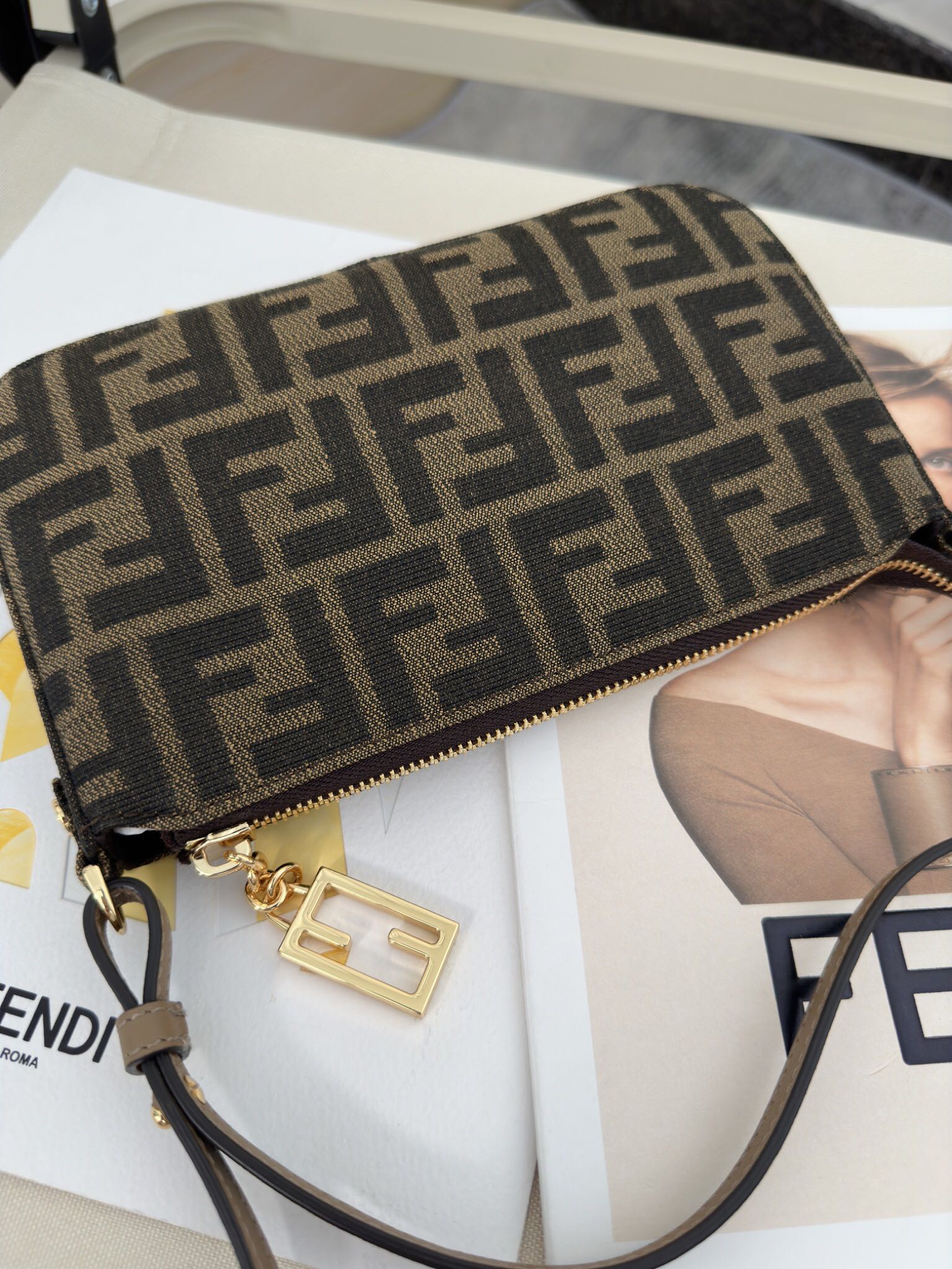 FENDI Baguette Pouch Brown jacquard FF fabric clutch with chain