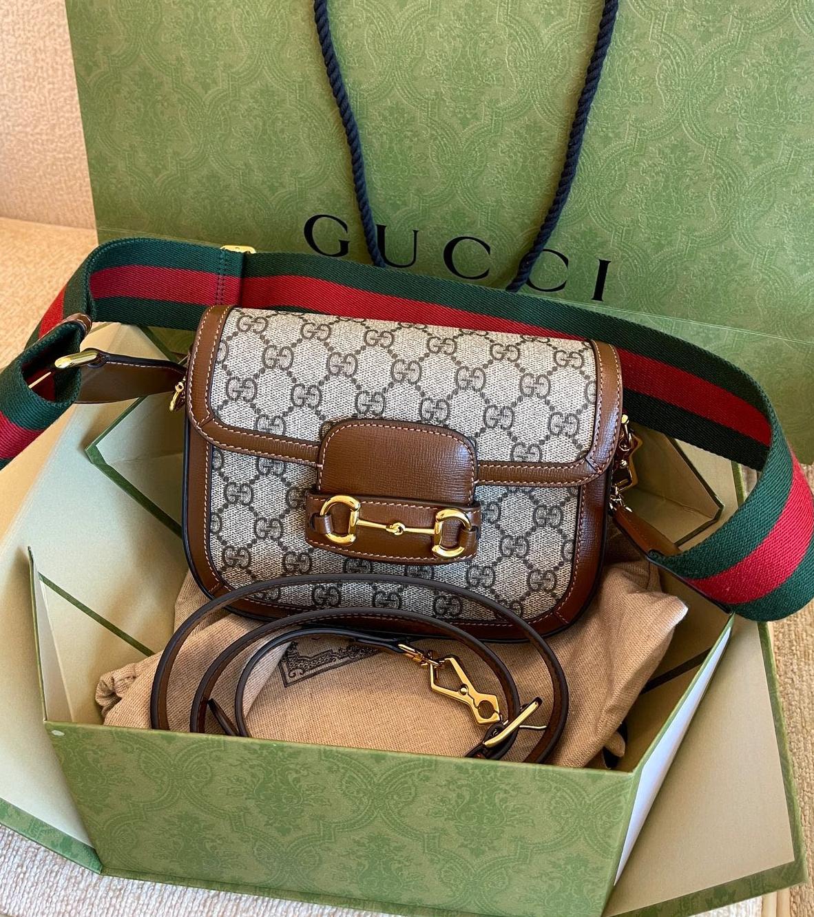 GUCCI Horsebit 1955 Mini Shoulder Bag  GG Supreme Canvas with Brown Leather