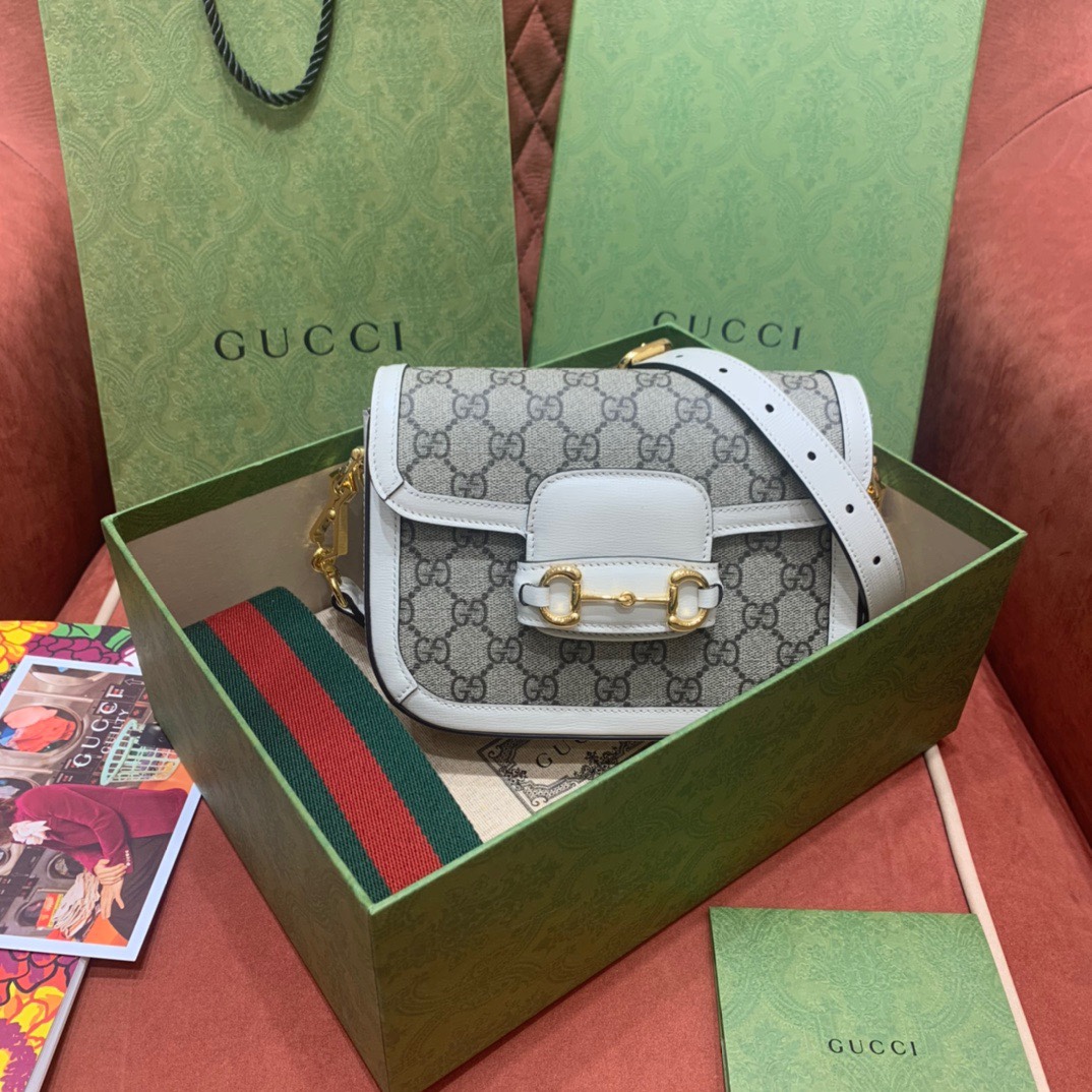 GUCCI Horsebit 1955 Mini Shoulder Bag  GG Supreme Canvas with White Leather