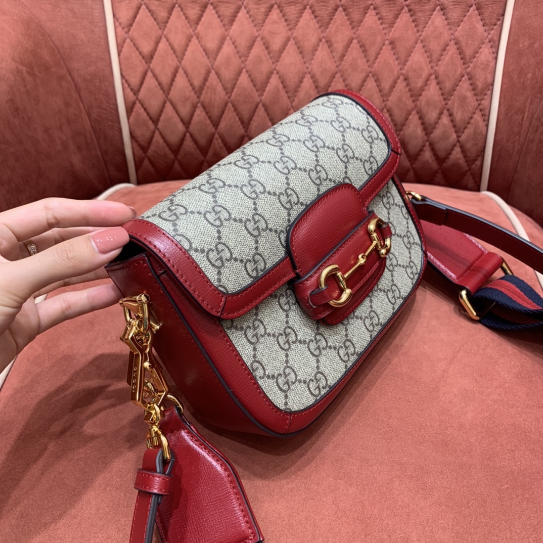 GUCCI Horsebit 1955 Mini Shoulder Bag  GG Supreme Canvas with Red Leather