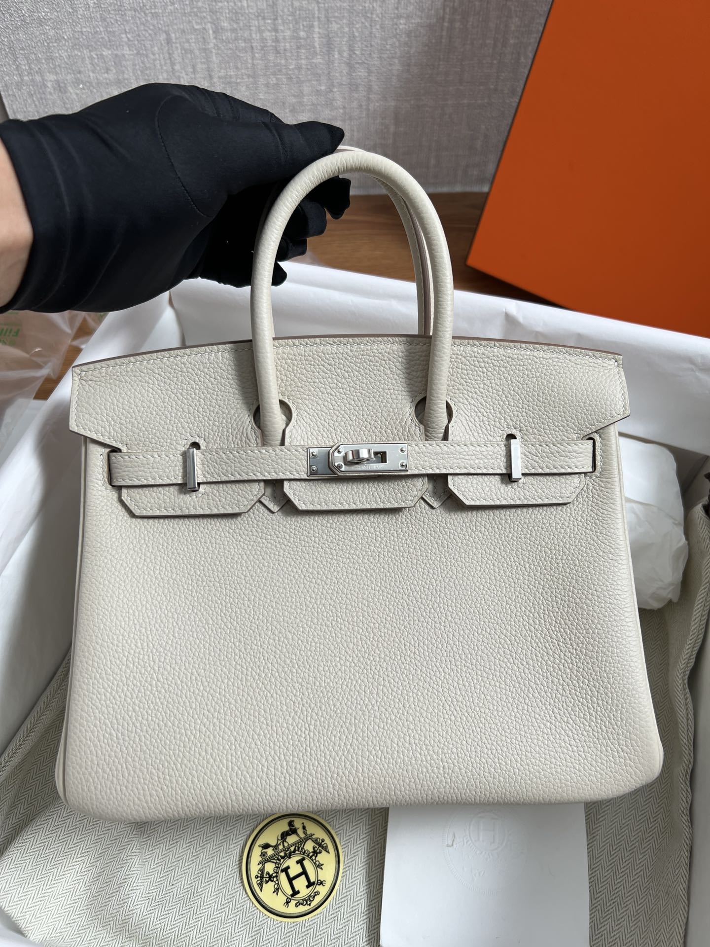 Hermès Birkin 25 Craie Togo Leather Palladium/Silver Hardware (100% Handmade)