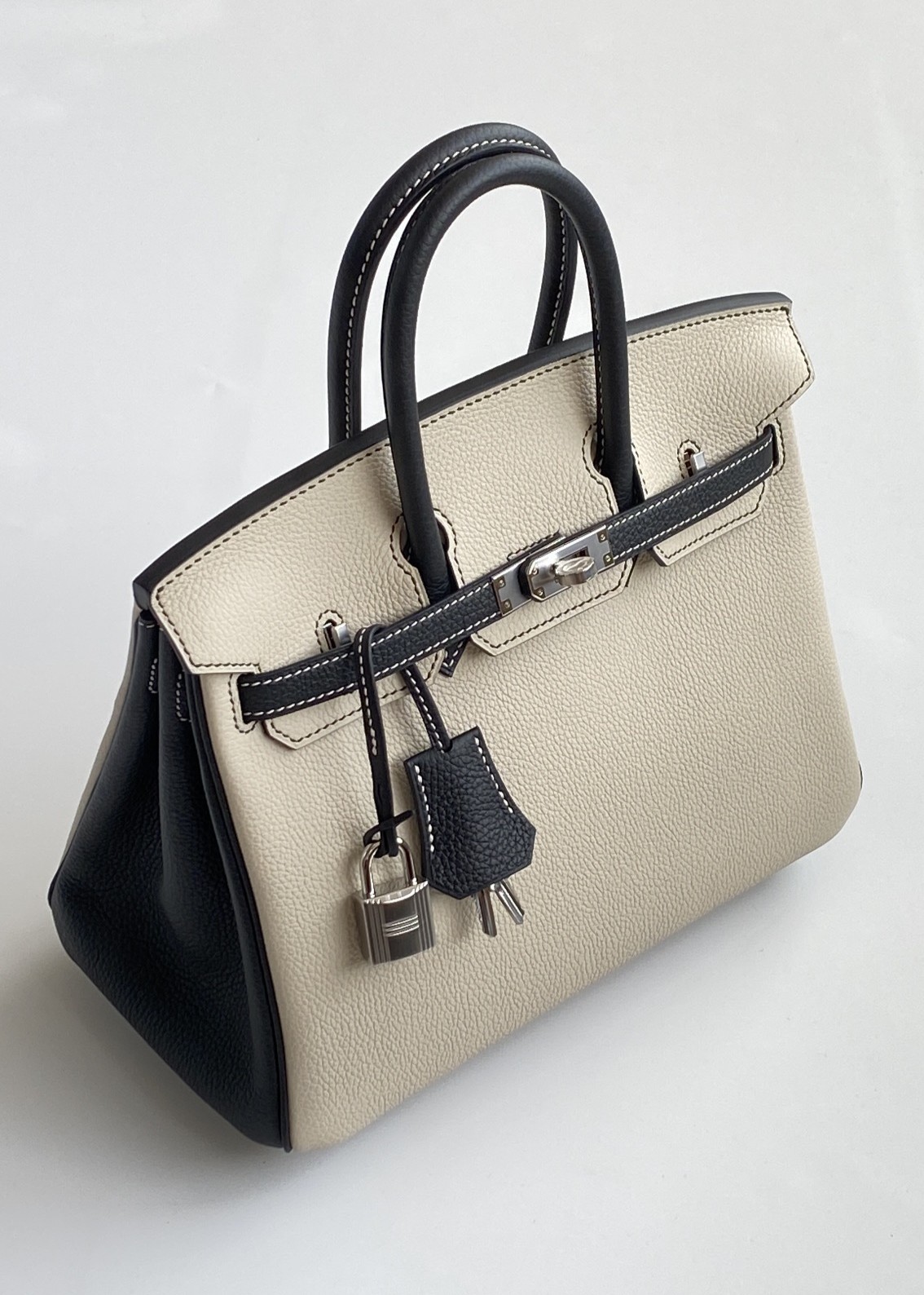 Hermès Birkin 25 Craie and Black Togo Leather Palladium/Silver Hardware (100% Handmade)