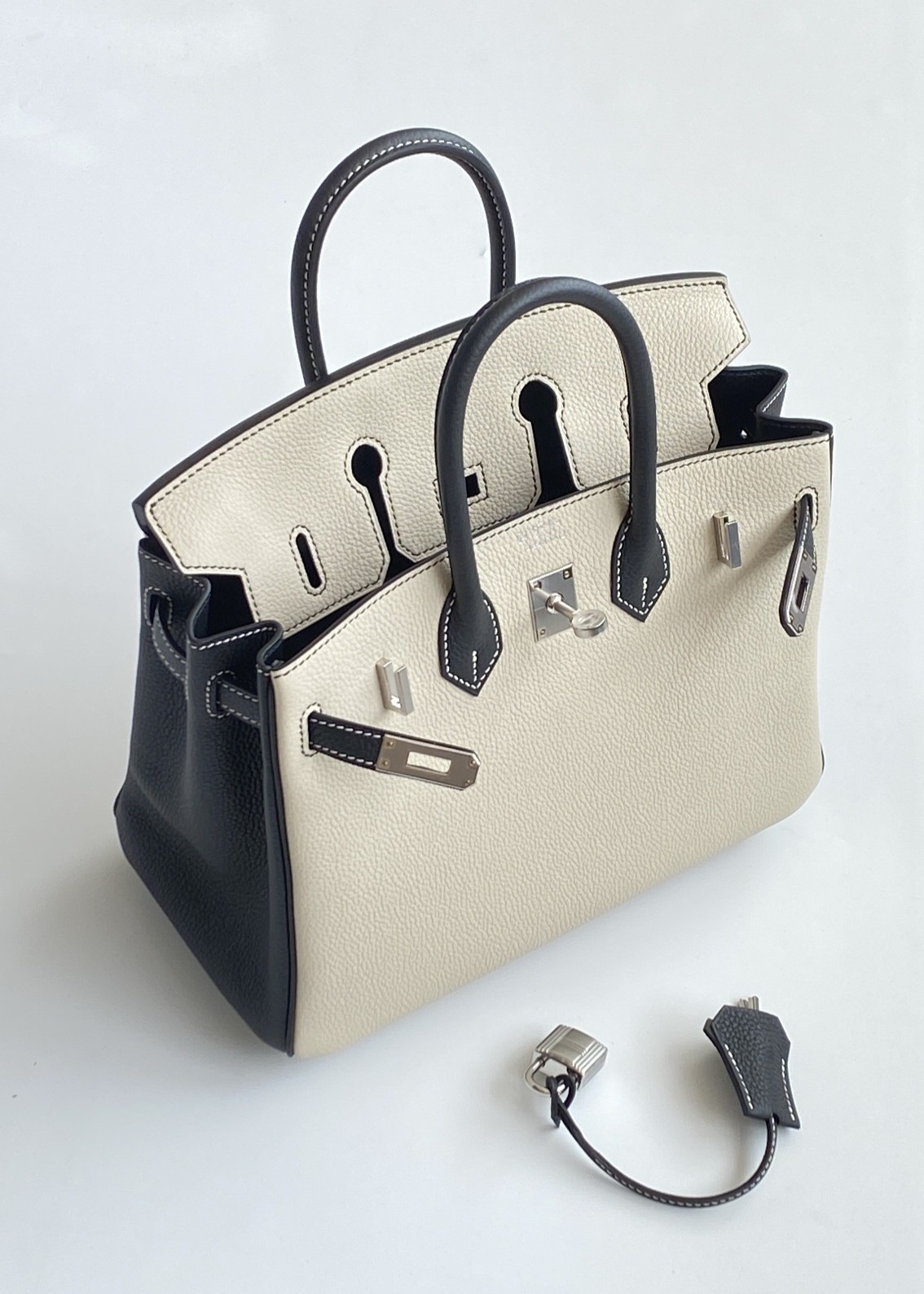 Hermès Birkin 25 Craie and Black Togo Leather Palladium/Silver Hardware (100% Handmade)