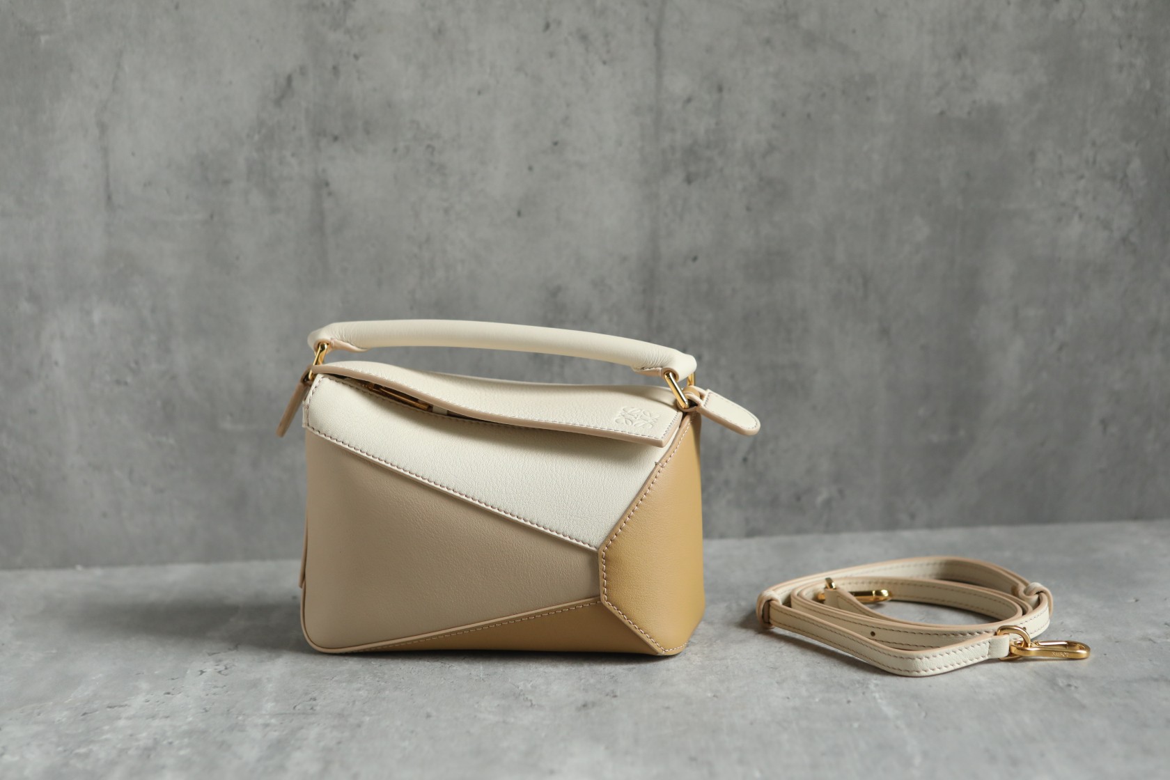 LOEWE Mini Tri-Color Puzzle bag in classic calfskin Angora/Dusty Beige/Gold