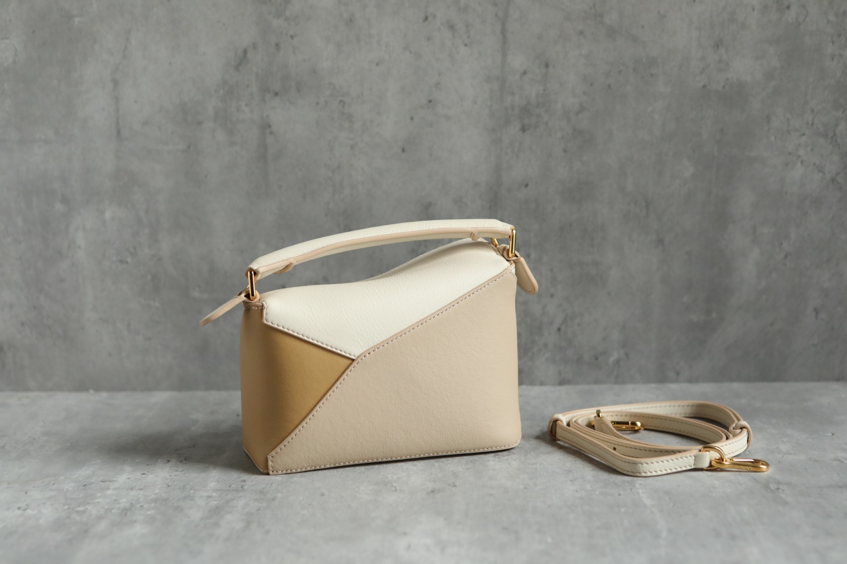 LOEWE Mini Tri-Color Puzzle bag in classic calfskin Angora/Dusty Beige/Gold