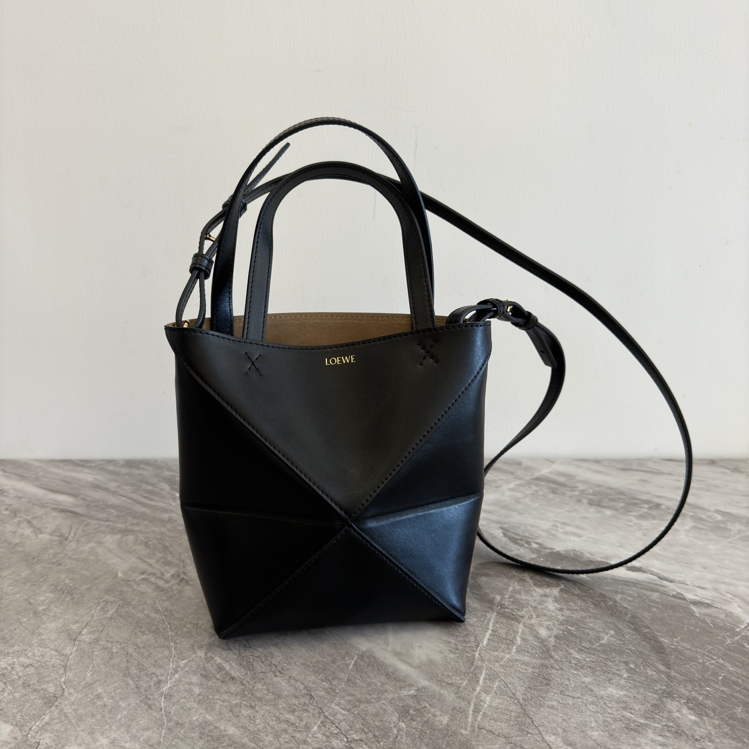 LOEWE Mini Puzzle Fold tote in shiny calfskin Black