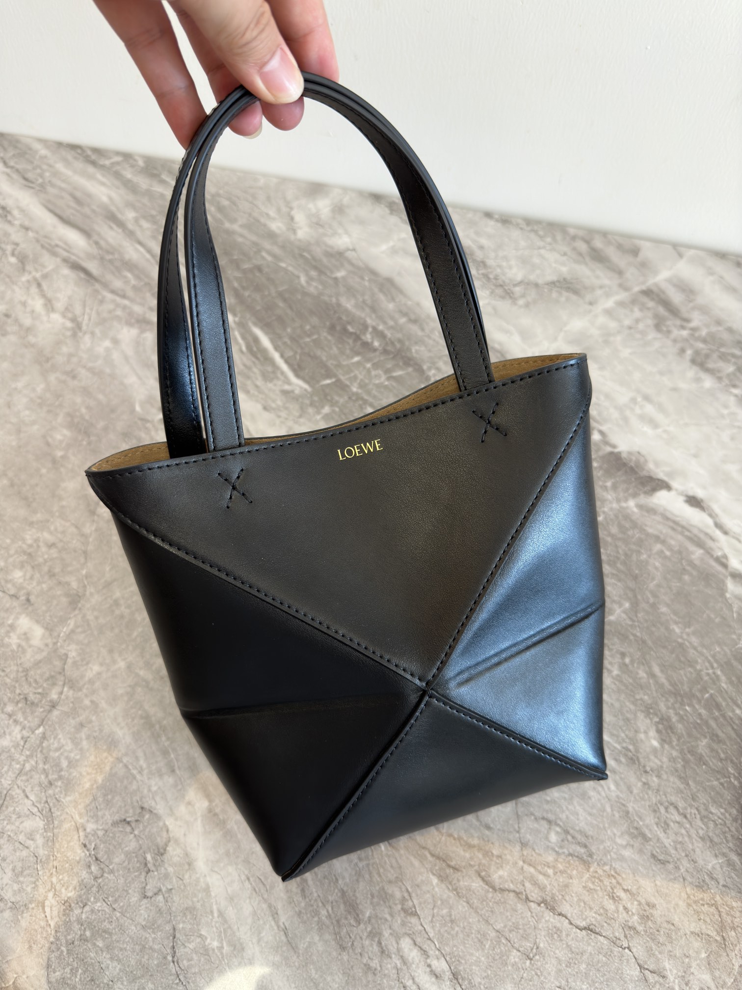 LOEWE Mini Puzzle Fold tote in shiny calfskin Black