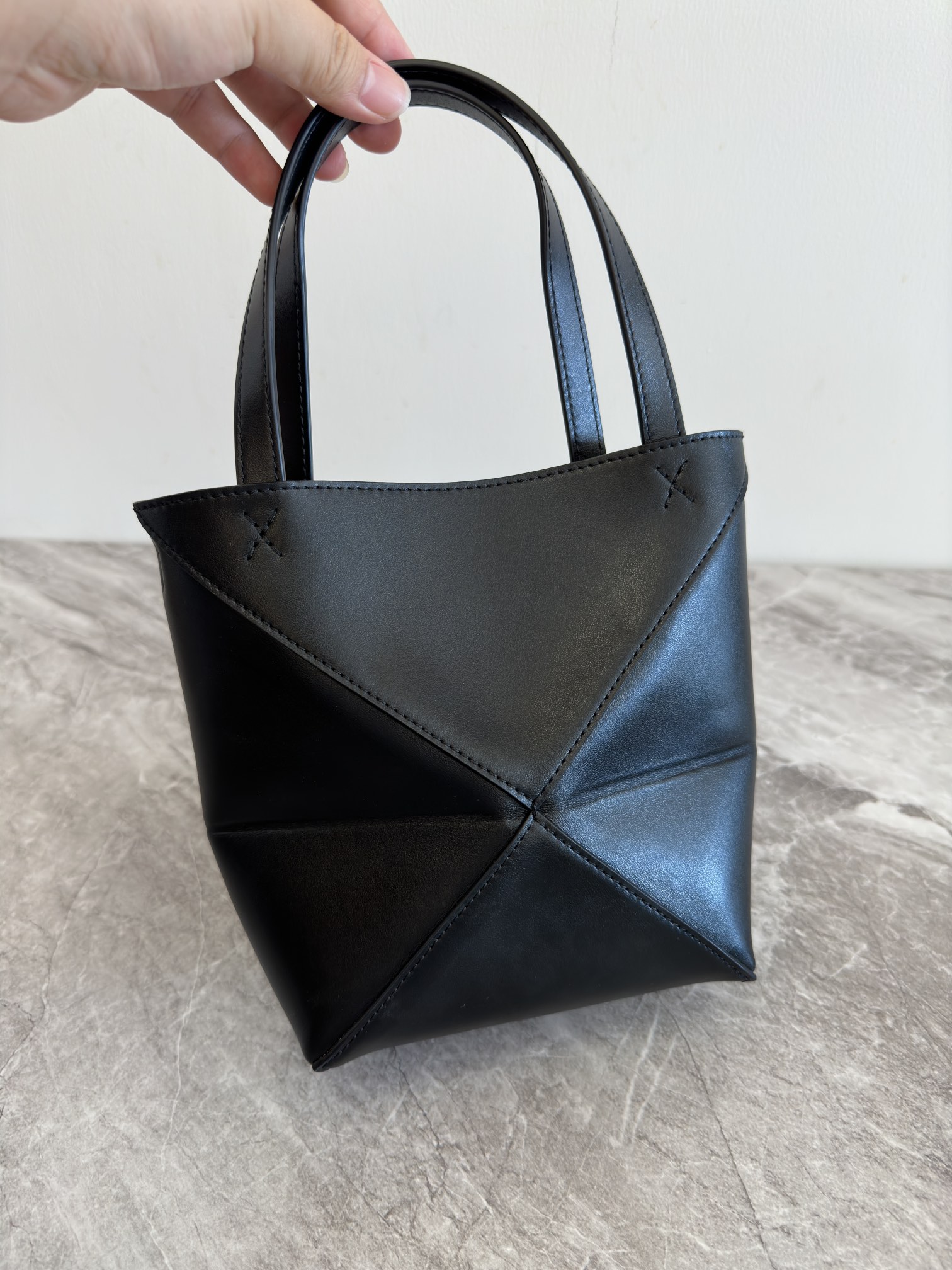 LOEWE Mini Puzzle Fold tote in shiny calfskin Black