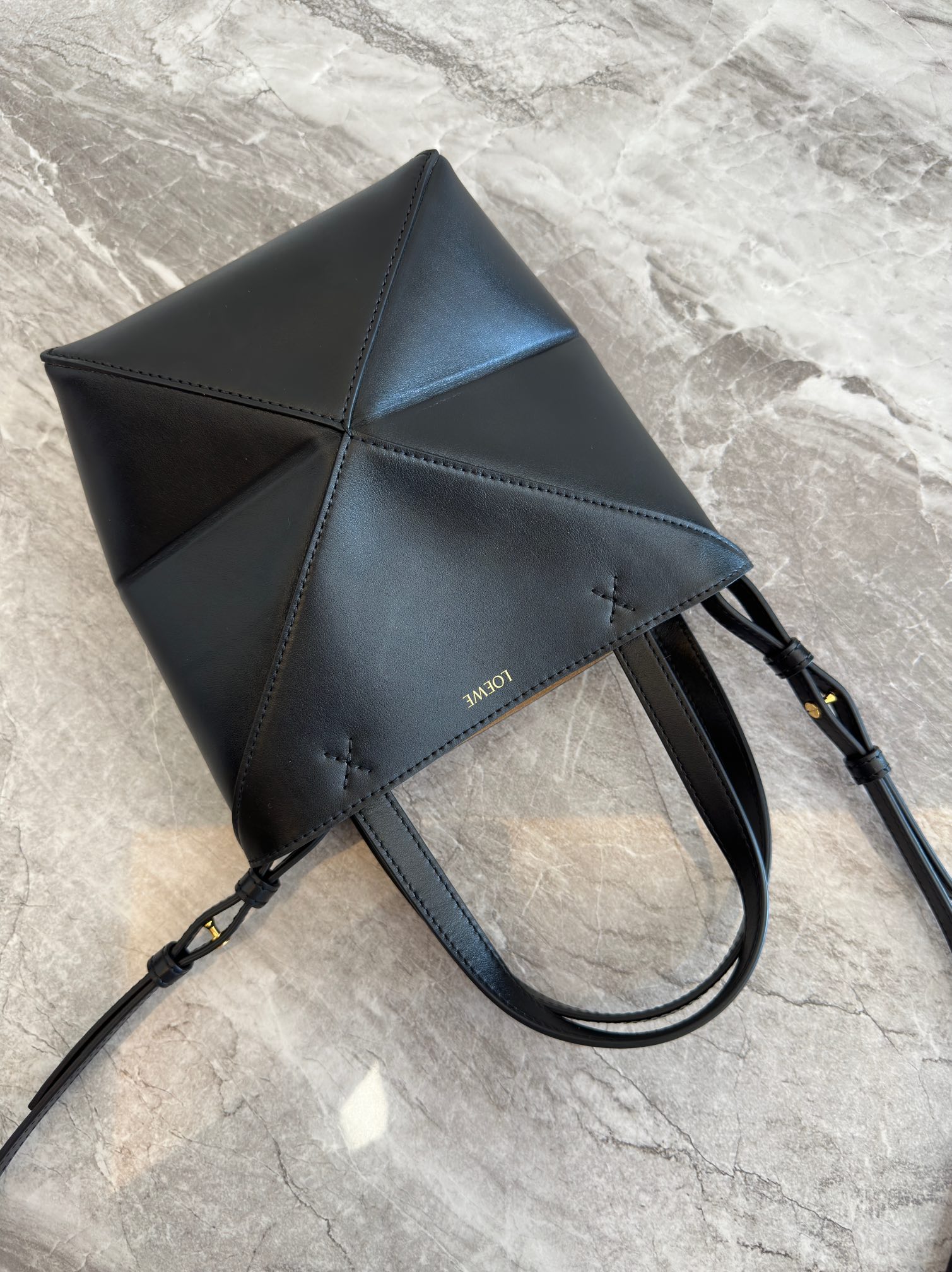 LOEWE Mini Puzzle Fold tote in shiny calfskin Black