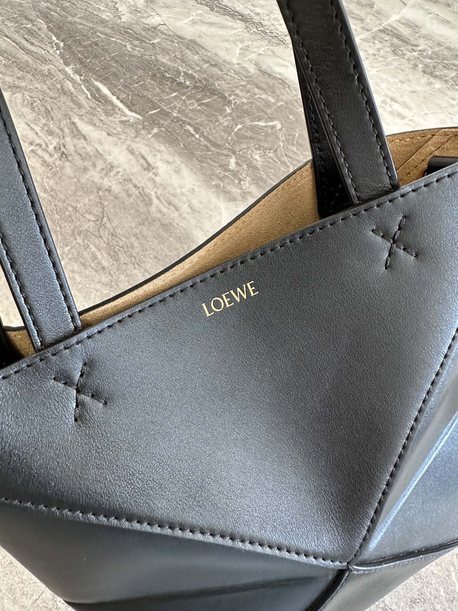 LOEWE Mini Puzzle Fold tote in shiny calfskin Black