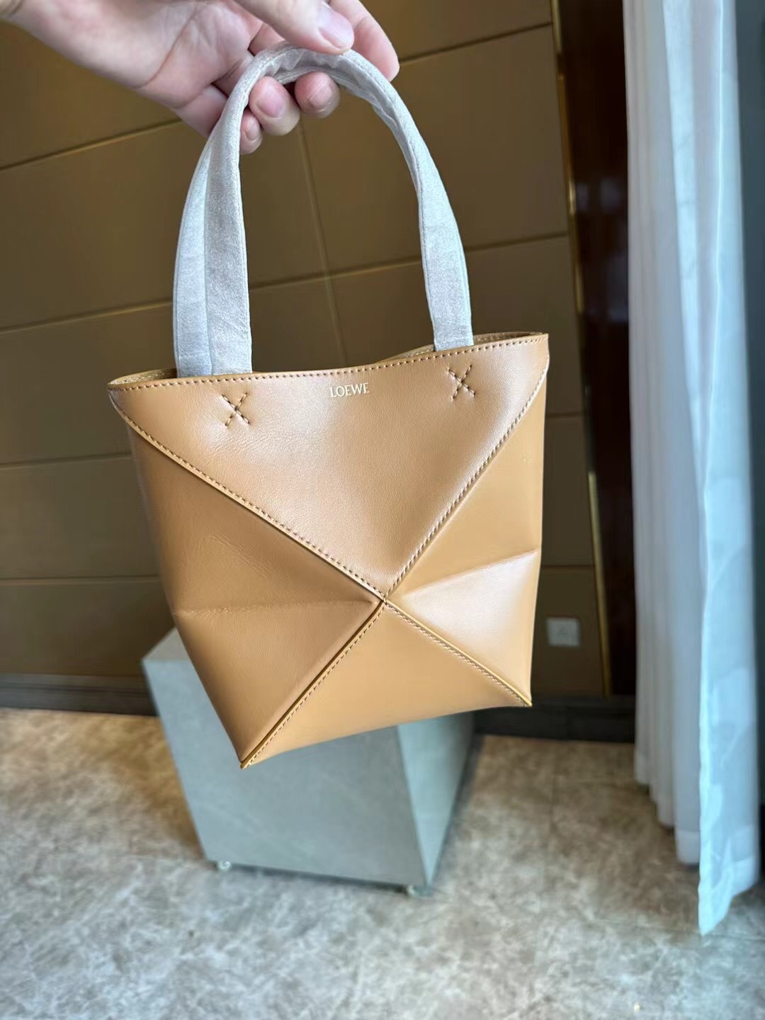 LOEWE Mini Puzzle Fold tote in shiny calfskin Warm Desert