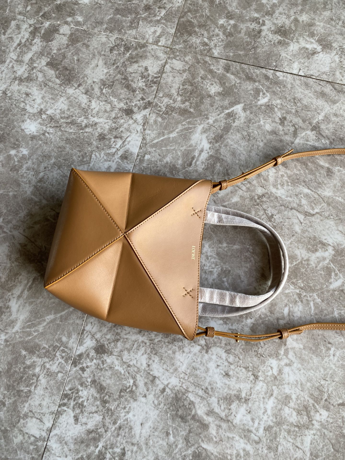 LOEWE Mini Puzzle Fold tote in shiny calfskin Warm Desert