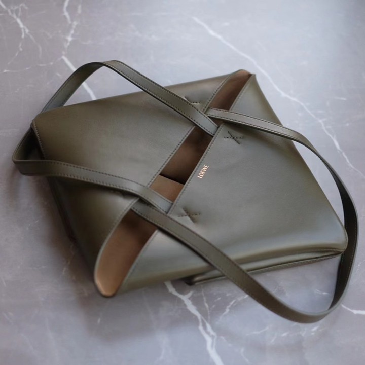 LOEWE Mini/Medium Puzzle Fold tote in shiny calfskin Dark Khaki Green