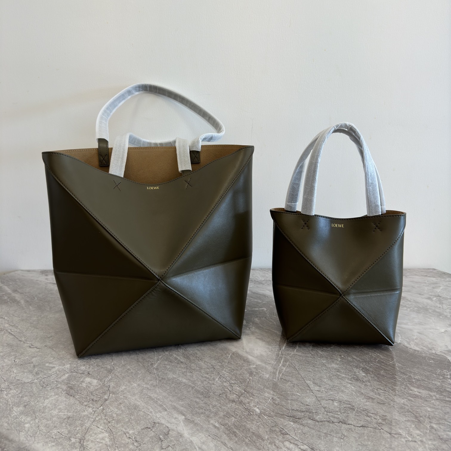 LOEWE Mini/Medium Puzzle Fold tote in shiny calfskin Dark Khaki Green