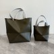 LOEWE Mini/Medium Puzzle Fold tote in shiny calfskin Dark Khaki Green