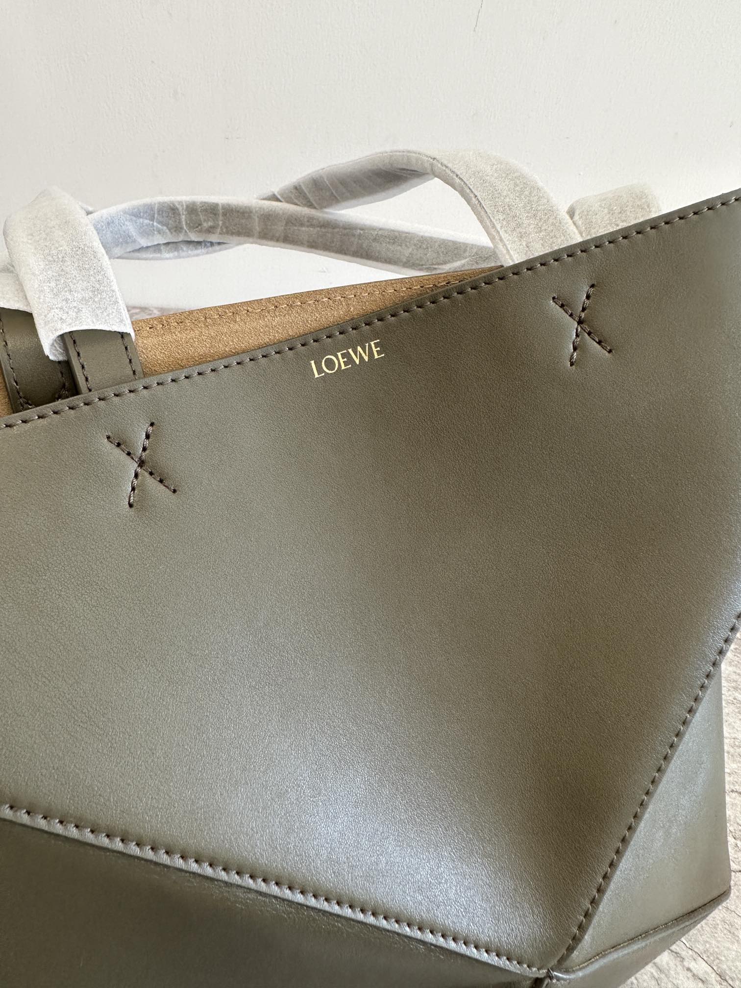 LOEWE Mini/Medium Puzzle Fold tote in shiny calfskin Dark Khaki Green