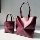 LOEWE Mini/Medium Puzzle Fold tote in shiny calfskin Dark Burgundy