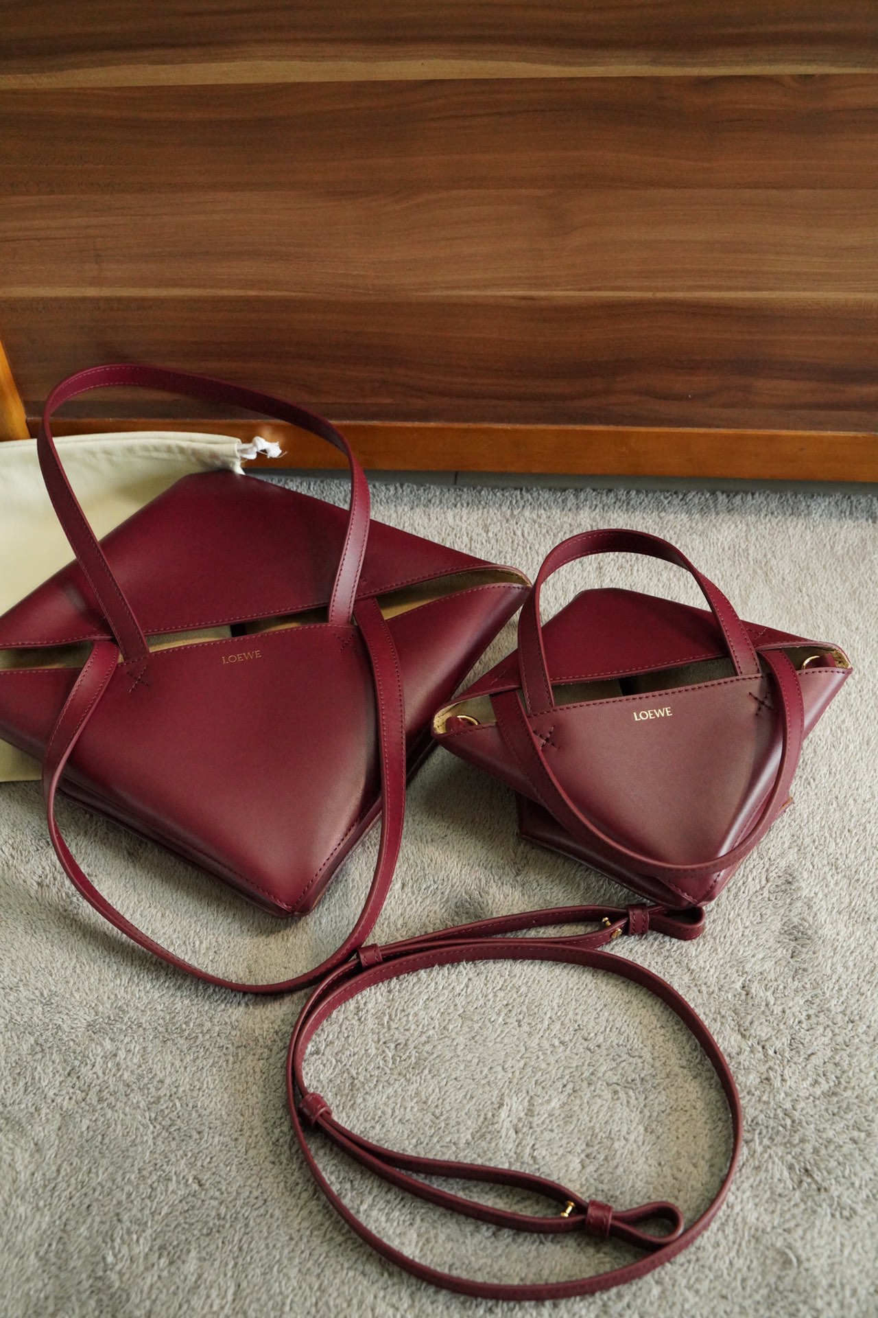 LOEWE Mini/Medium Puzzle Fold tote in shiny calfskin Dark Burgundy