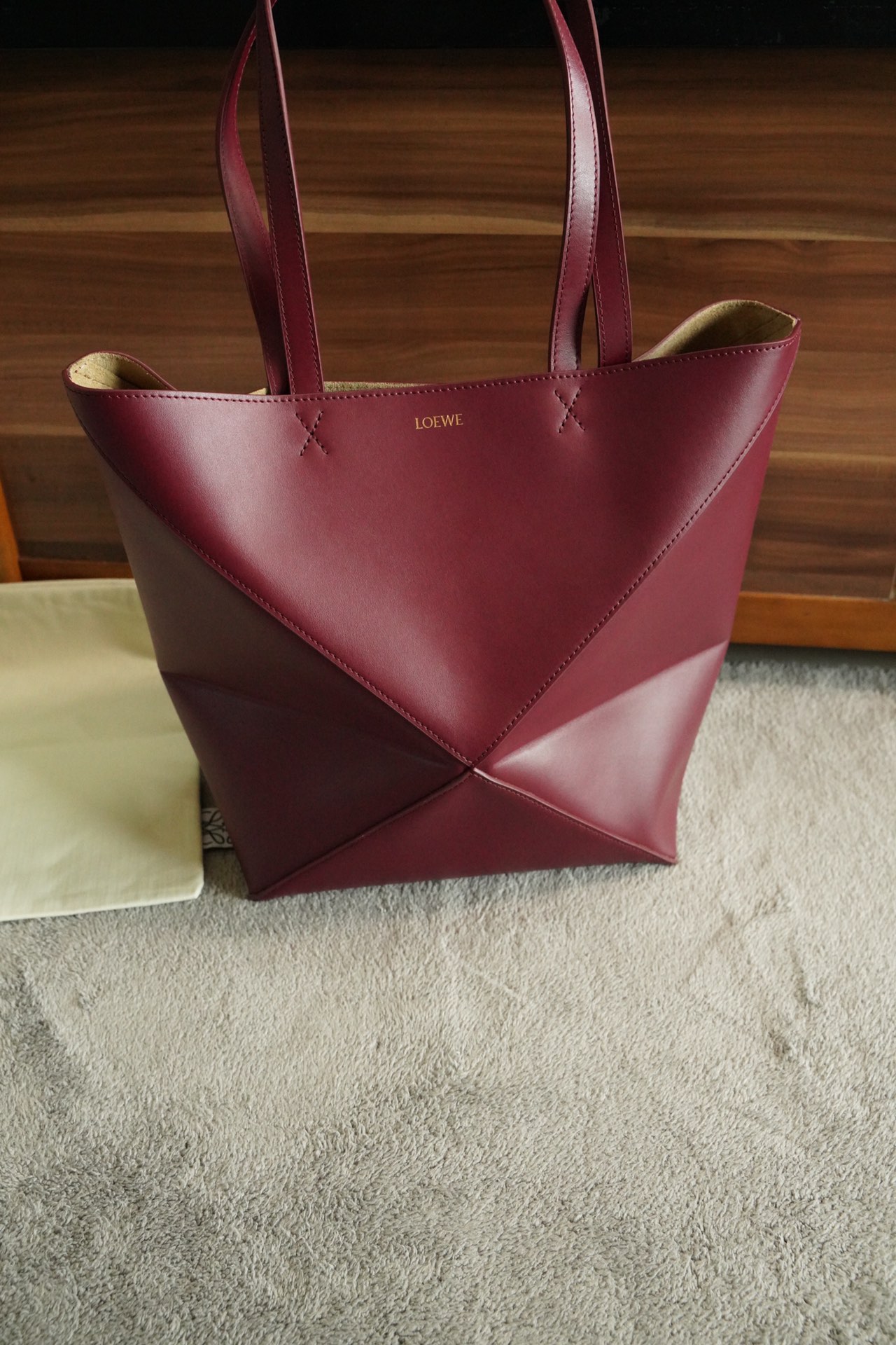 LOEWE Mini/Medium Puzzle Fold tote in shiny calfskin Dark Burgundy