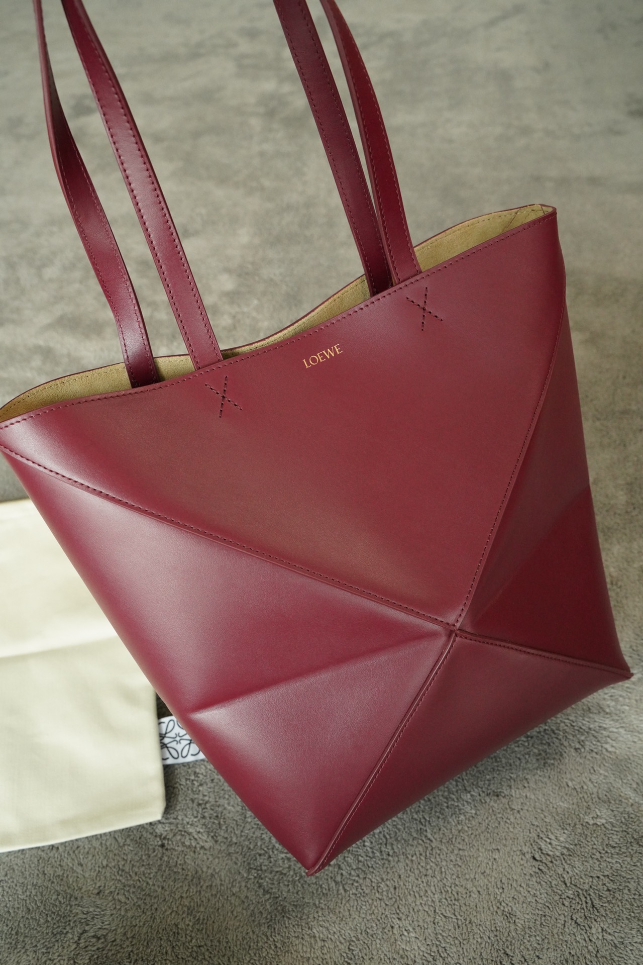 LOEWE Mini/Medium Puzzle Fold tote in shiny calfskin Dark Burgundy