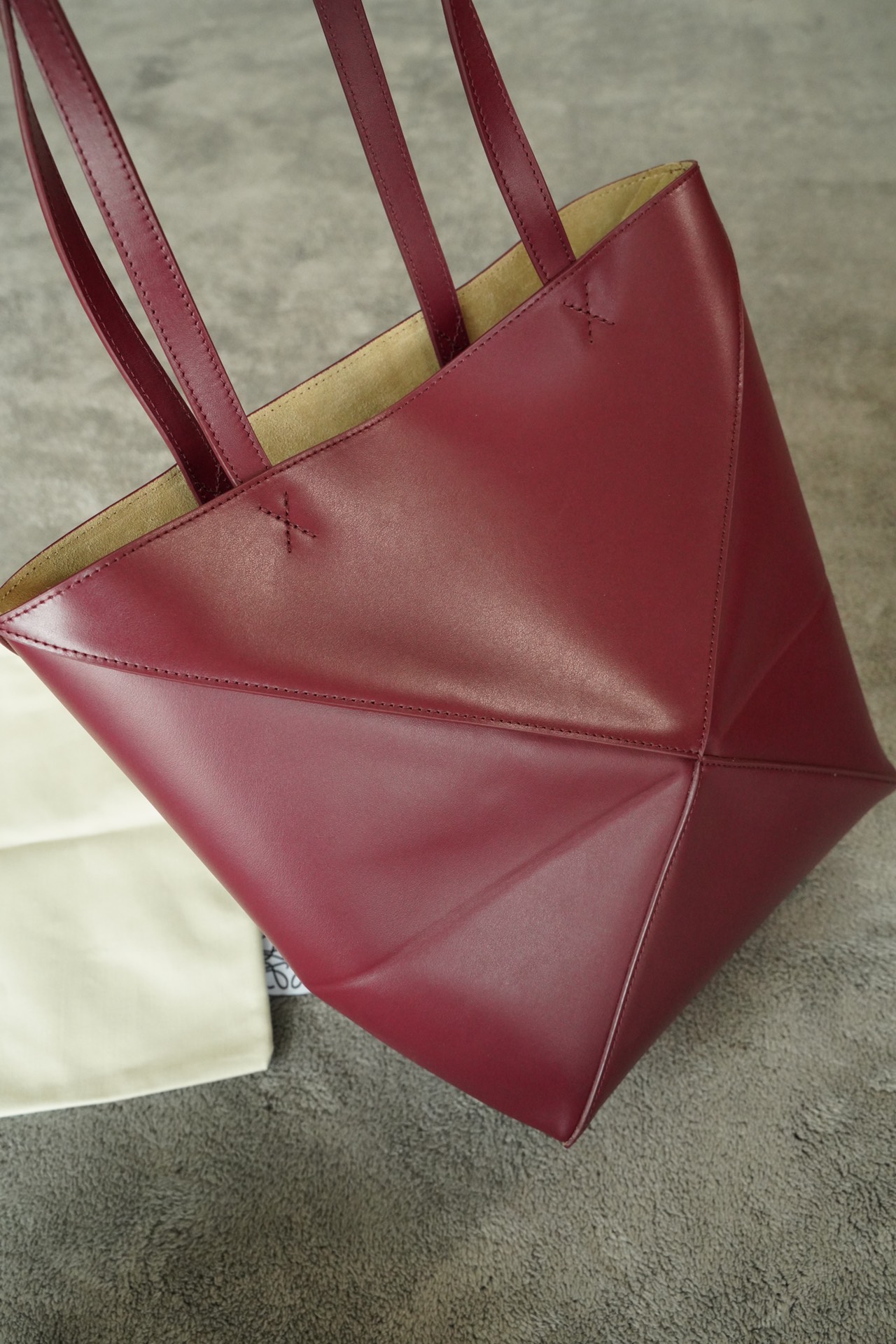 LOEWE Mini/Medium Puzzle Fold tote in shiny calfskin Dark Burgundy