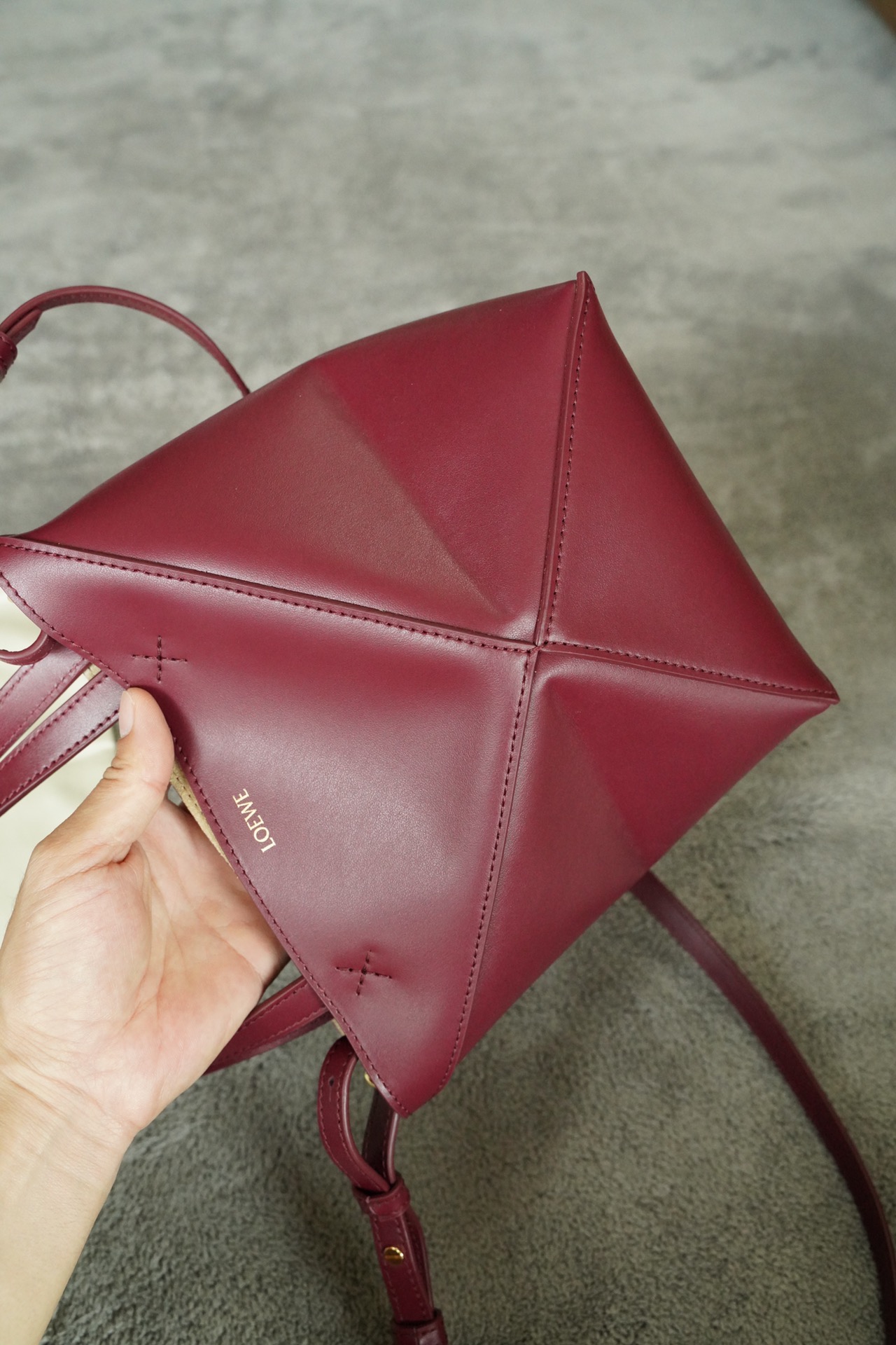 LOEWE Mini/Medium Puzzle Fold tote in shiny calfskin Dark Burgundy