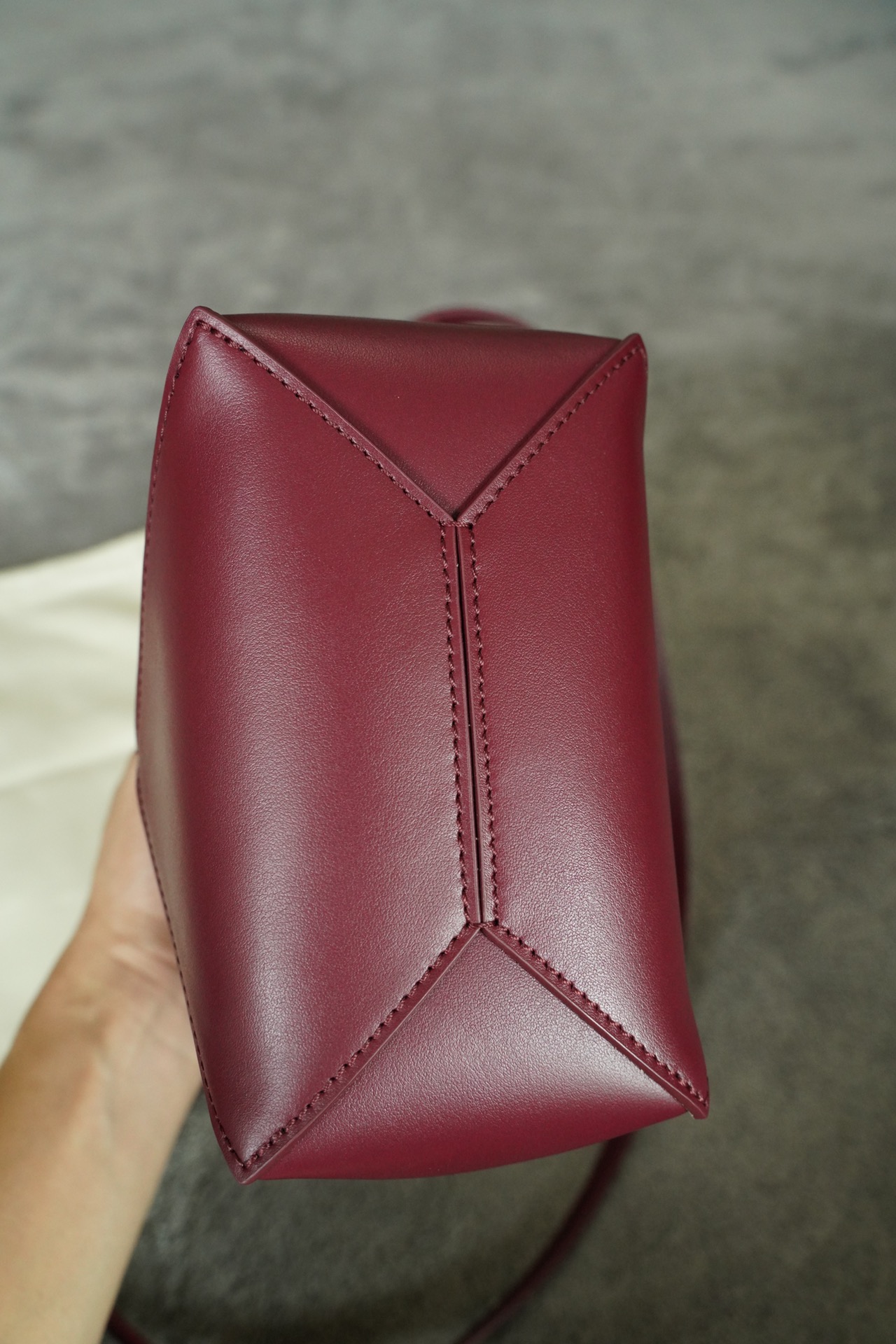 LOEWE Mini/Medium Puzzle Fold tote in shiny calfskin Dark Burgundy