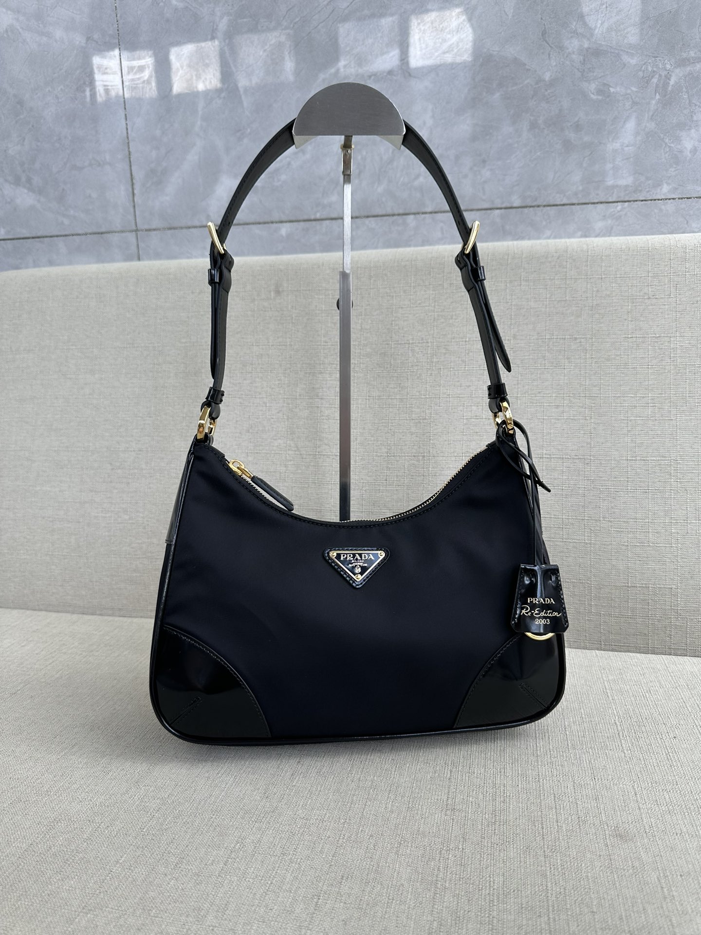 PRADA Re-Edition 2002 Re-Nylon and brushed leather shoulder bag Black/Gold Hardware